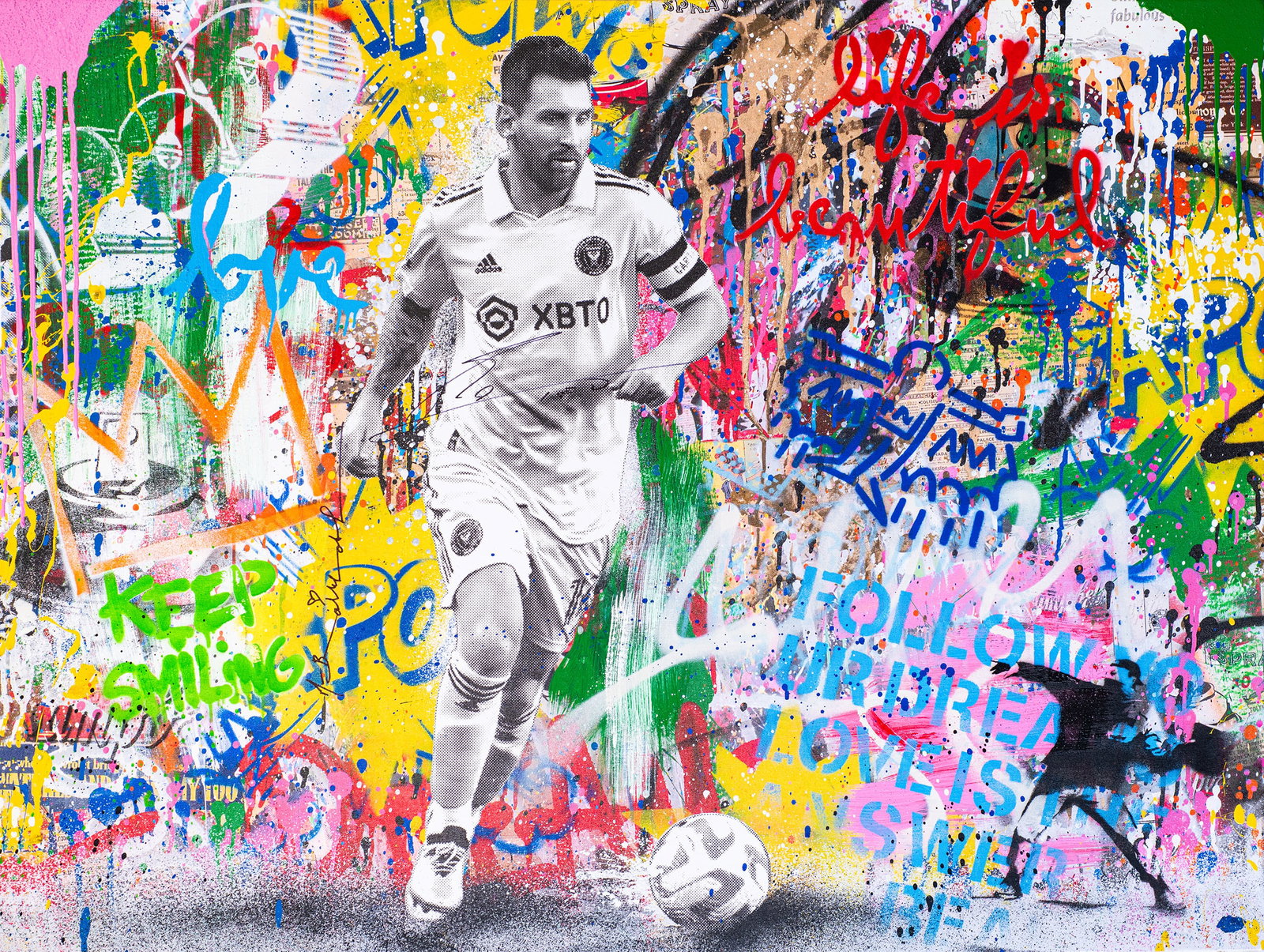 "Lionel Messi" by Mr. Brainwash (French, B.1966) Mixed Media on Canvas: This sensational, museum-grade original masterpiece radiates with the electric energy, vibrant color palette, and iconic street-art bravado of the legendary Neo-Pop artist. Capturing a monumental mome