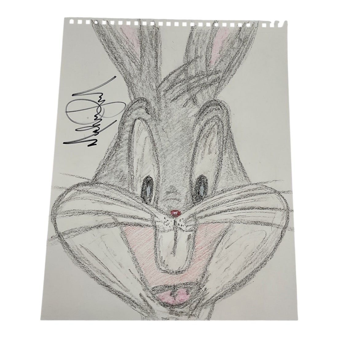 "Bugs Bunny" by Michael Jackson (American, 1958-2009) Mixed Media on Paper.: This original work features a whimsical, close-up study of the iconic Looney Tunes character, Bugs Bunny, hand-drawn by the legendary "King of Pop," Michael Jackson. Executed in a combinatio