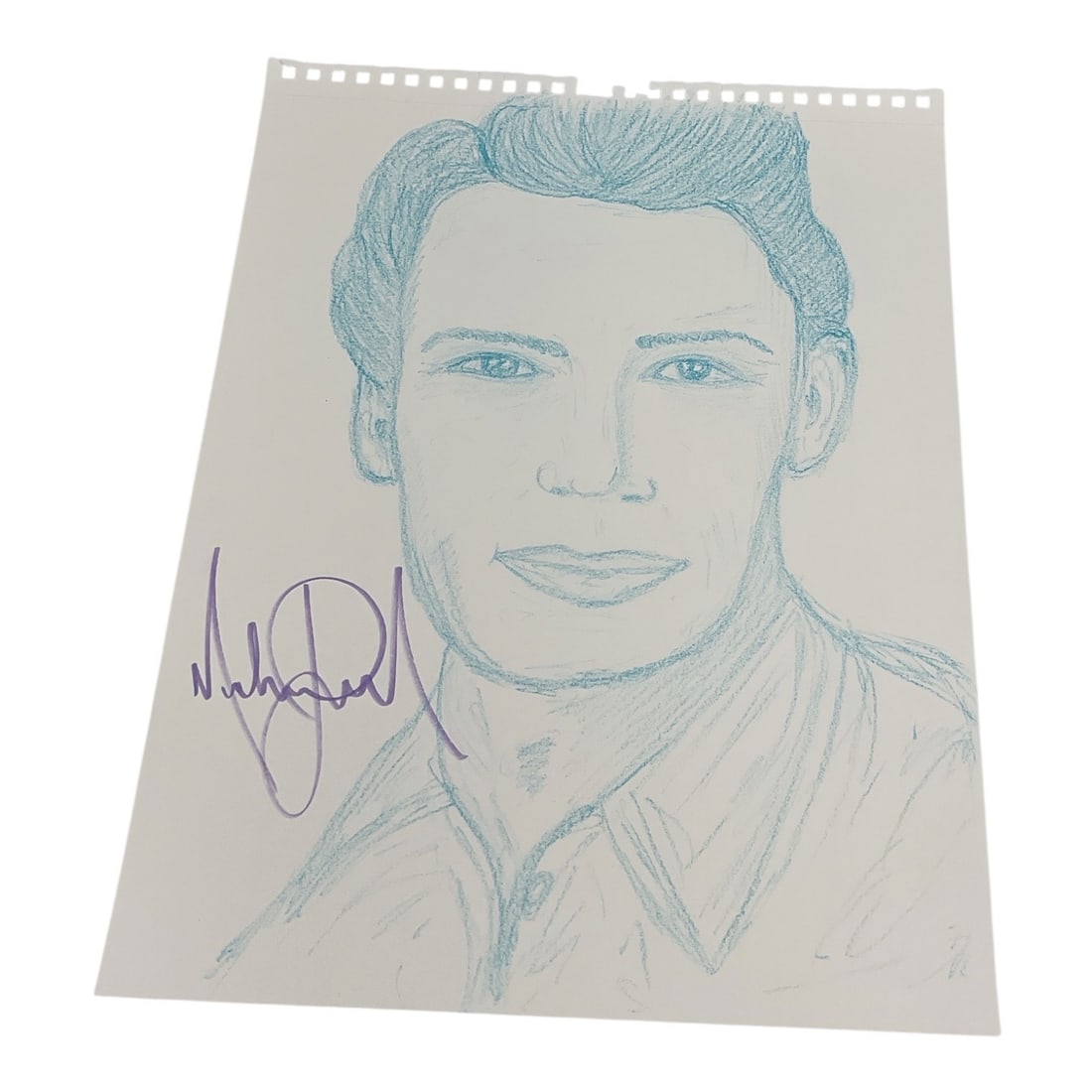 "Marlon Brando" by Michael Jackson (American, 1958-2009) Blue Pencil on Paper.: This original blue pencil drawing is a portrait study of iconic actor Marlon Brando, hand-drawn by Michael Jackson. The work illustrates Jackson’s fascination with Hollywood legends, captured he
