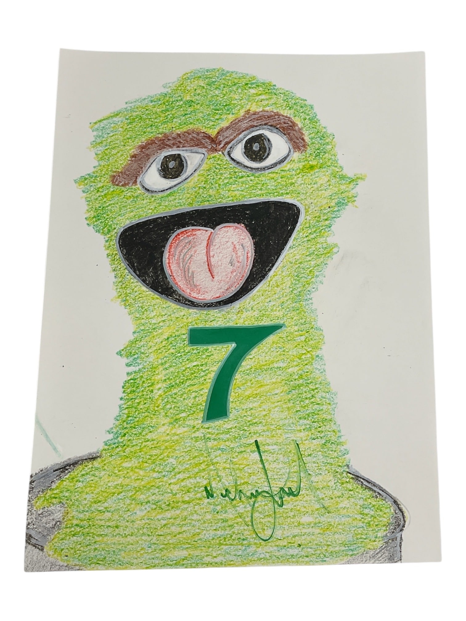 "Oscar the Grouch" by Michael Jackson (American, 1958-2009) Mixed Media on Paper.: This original mixed media work features a playful depiction of the beloved Sesame Street character, Oscar the Grouch, hand-drawn and colored by Michael Jackson. The piece is rendered with a vibrant gr