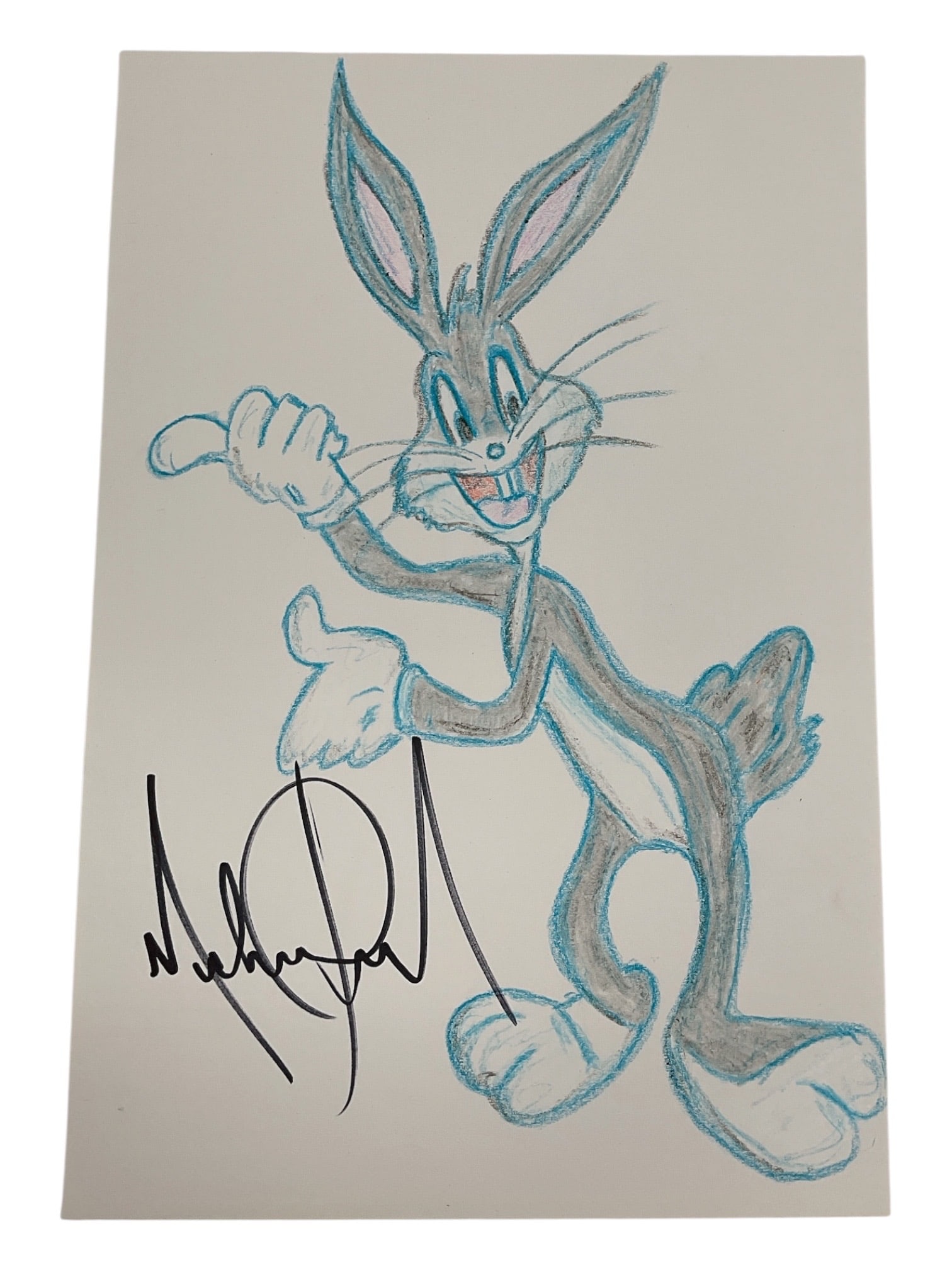 "Bugs Bunny" by Michael Jackson (American, 1958-2009) Mixed Media on Paper.: This original work features a full-body depiction of the iconic Looney Tunes character, Bugs Bunny, hand-drawn by Michael Jackson. The piece is executed with a blue-hued underdrawing and graphite shad