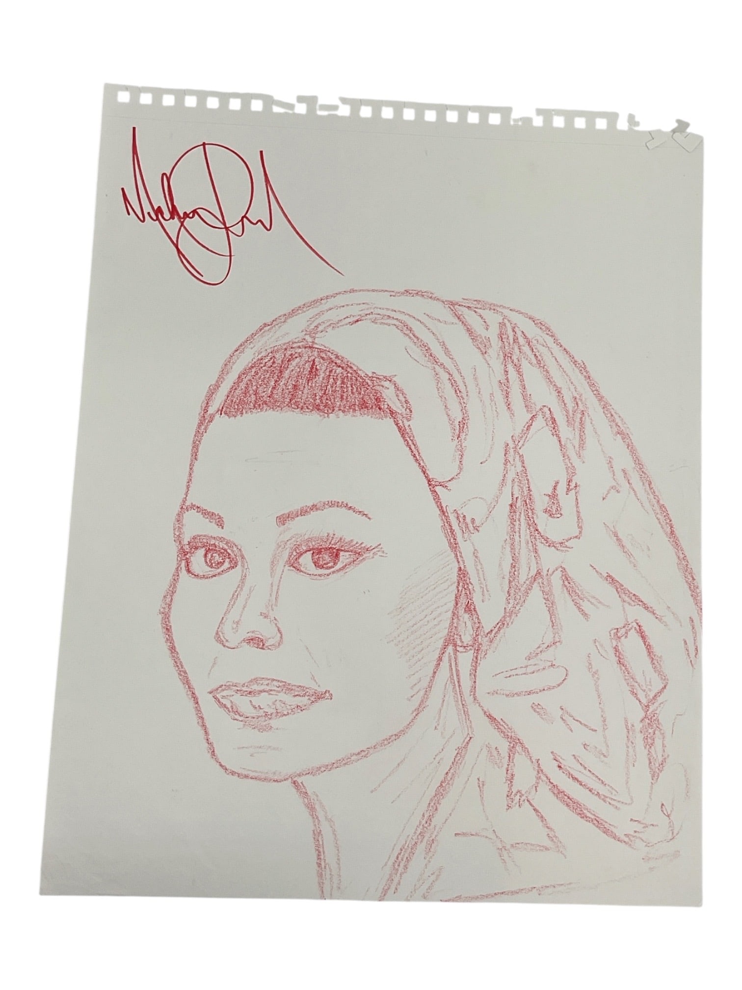 "Sophia Loren" by Michael Jackson (American, 1958-2009) Red Pencil on Paper.: This original red pencil drawing is a portrait study of the iconic Italian actress Sophia Loren, hand-drawn by Michael Jackson. The work captures Loren’s classic features—including her alm