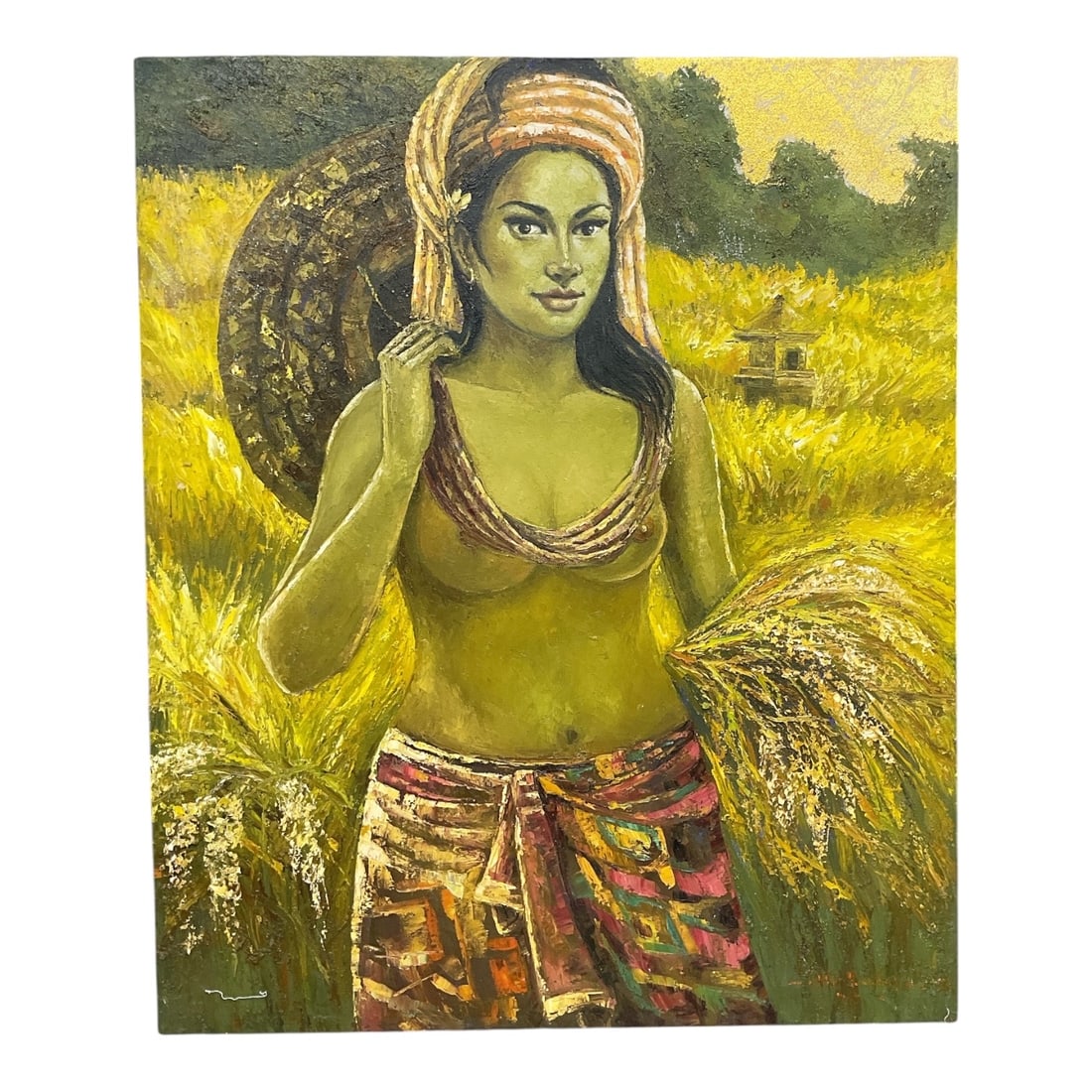 "Balinese Harvest" by Penito (Indonesia, 20th Century) Oil on Canvas: A compelling large-scale mid-century figurative work depicting a Balinese woman harvesting rice. The subject is portrayed with a serene countenance, wearing a traditional striped headcloth and a vibra