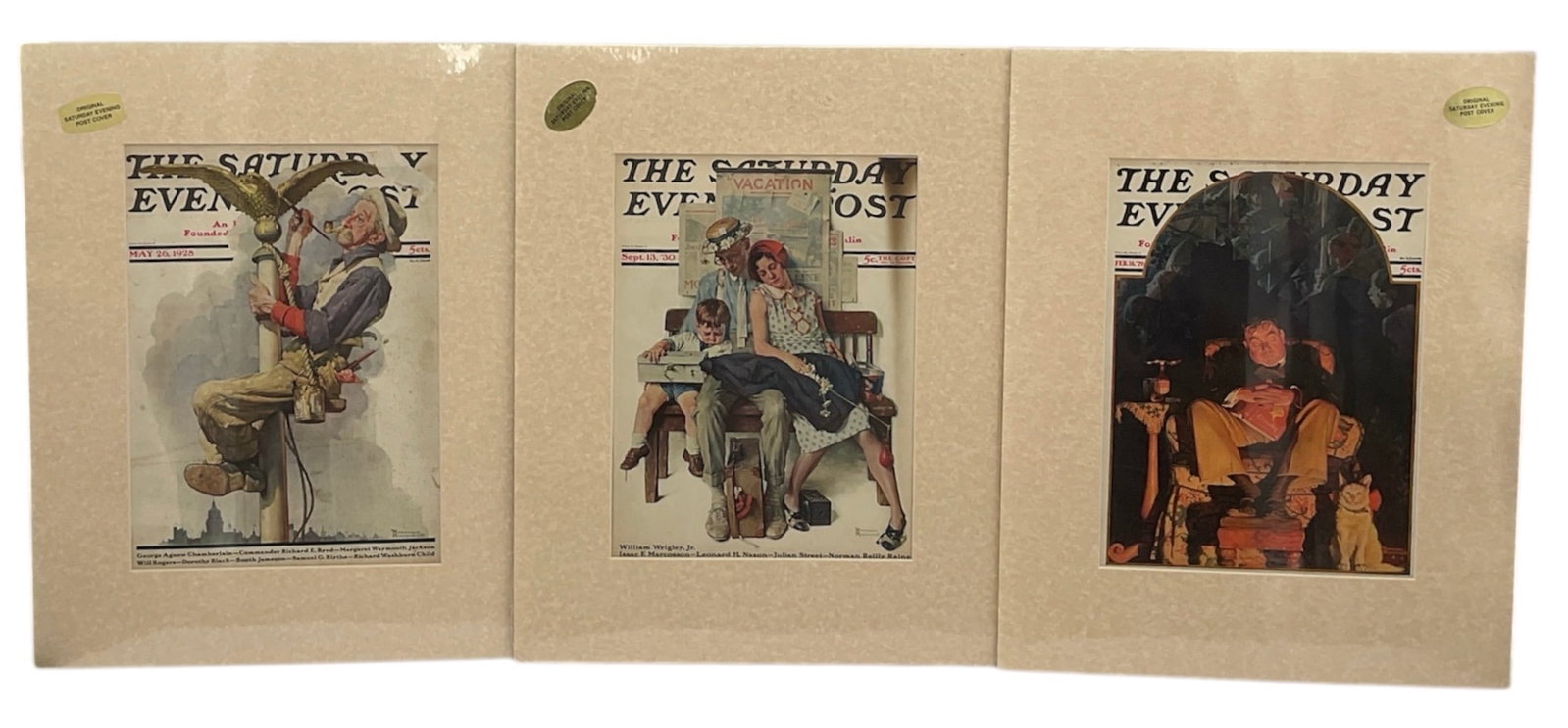 "The Saturday Evening Post Covers (Set of 3)" by Norman Rockwell (USA, 1894-1978) Lithograph on: This collection features three iconic cover illustrations by Norman Rockwell for The Saturday Evening Post. Each piece is professionally matted and presented in protective sleeves. The set includes: