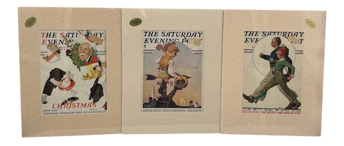 "The Saturday Evening Post Covers (Set of 3)" by Norman Rockwell (USA, 1894-1978) Lithograph on: This collection features three iconic cover illustrations by Norman Rockwell for The Saturday Evening Post. Each piece is professionally matted and presented in protective sleeves. The set includes: