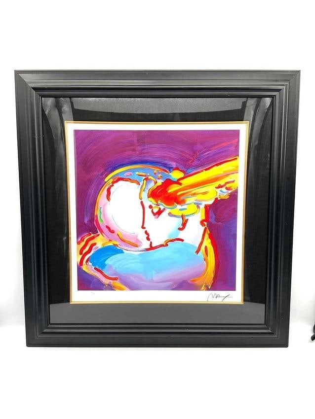 "I Love The World" by Peter Max: This is a vibrant and dynamic pop-art composition by Peter Max, one of the most iconic contemporary artists known for his psychedelic, bold, and colorful works. The painting features a swirling abstra