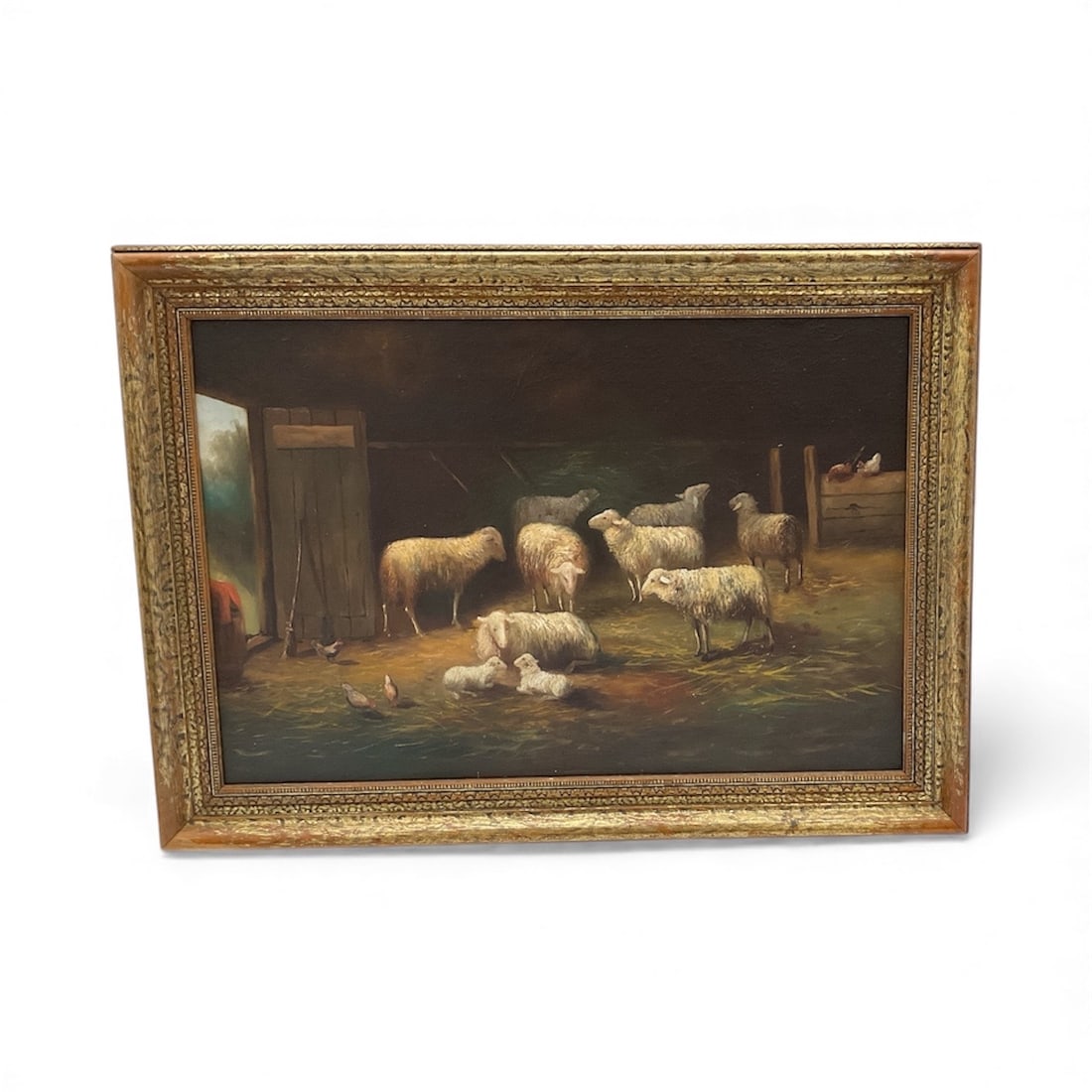 "Sheep in Pasture" by Eugène Verboeckhoven (Belgium, 1798-1881) Oil on Board: Description: Pastoral 19th-century painting depicting a flock of sheep gathered near a rustic shed, rendered in rich tones with detailed animal studies. Signed and dated 1857 by Belgian artist
