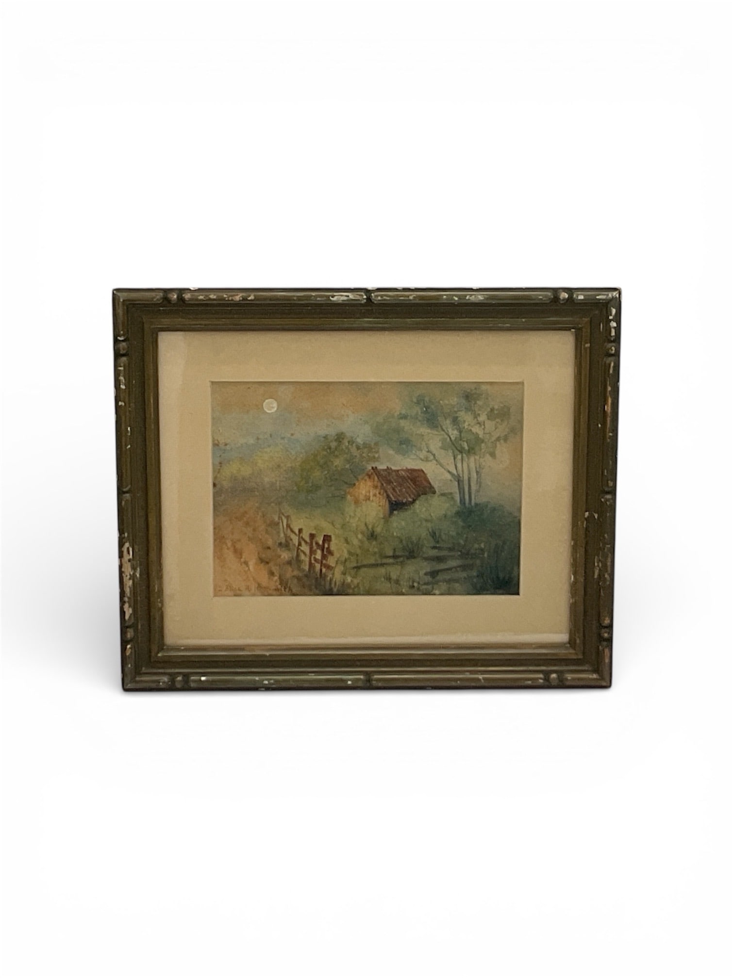 Alice Ravenel Huger Smith (American, 1876-1951) Watercolor: This finely rendered landscape depicts a quiet rural setting with a cottage nestled among trees, conveyed through soft earth tones and gentle atmospheric effects. The composition emphasizes calm and b