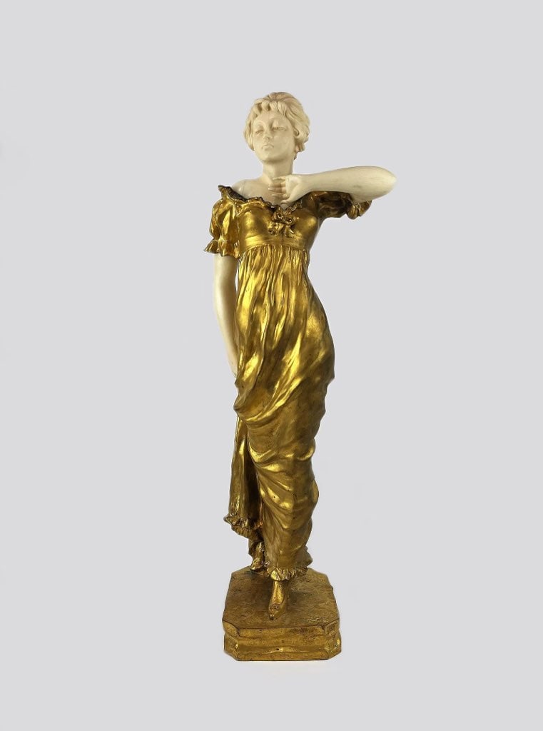 Female Figure Sculpture by Affortunato Gory (Italian, 1895–1925) Gilt Bronze Figure: DescriptionElegant sculpture depicting a standing female figure by Affortunato Gory
