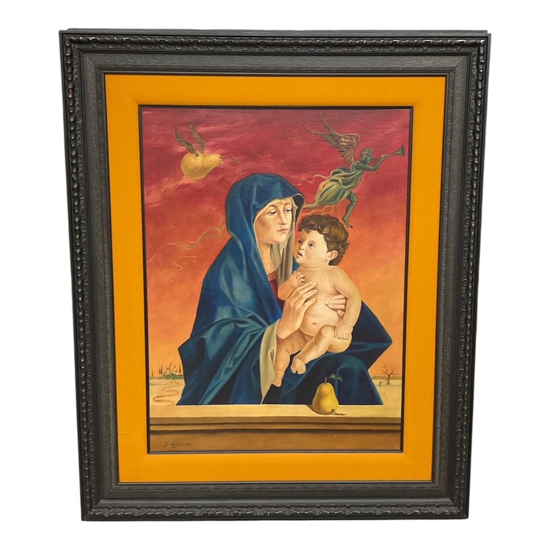 Madonna and Child by Antonio Gattorno (Cuba, 1904–1980) Oil on Linen, 1946: Large oil on linen painting depicting the Madonna holding the Christ Child against a dramatic red sky. The composition features the Virgin Mary draped in a deep blue mantle gazing toward the infant Ch