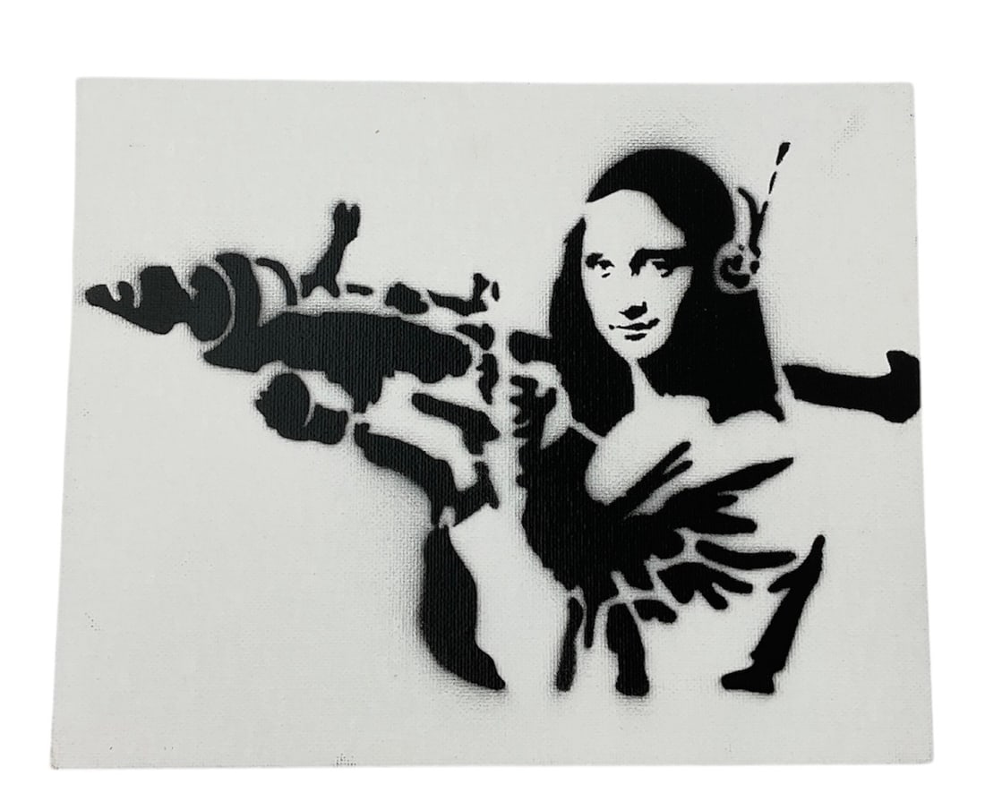 "Mona Lisa Bazooka" by Banksy (UK, B.1974) Stencil and Mixed Media on Canvas: This souvenir work was created for the 2015 Dismaland Bemusement Park, a large-scale art installation organized by Banksy in Weston-super-Mare. The image depicts the iconic Mona Lisa in a subversive b