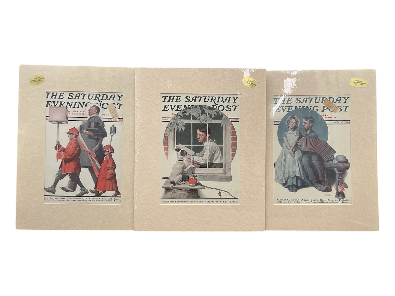 Set of Three Saturday Evening Post Covers by Norman Rockwell (USA, 1894-1978) Magazine Covers: This lot consists of three original Saturday Evening Post covers featuring illustrations by Norman Rockwell. The group includes the November 8, 1924 issue ("The Election"), the June 10, 1922