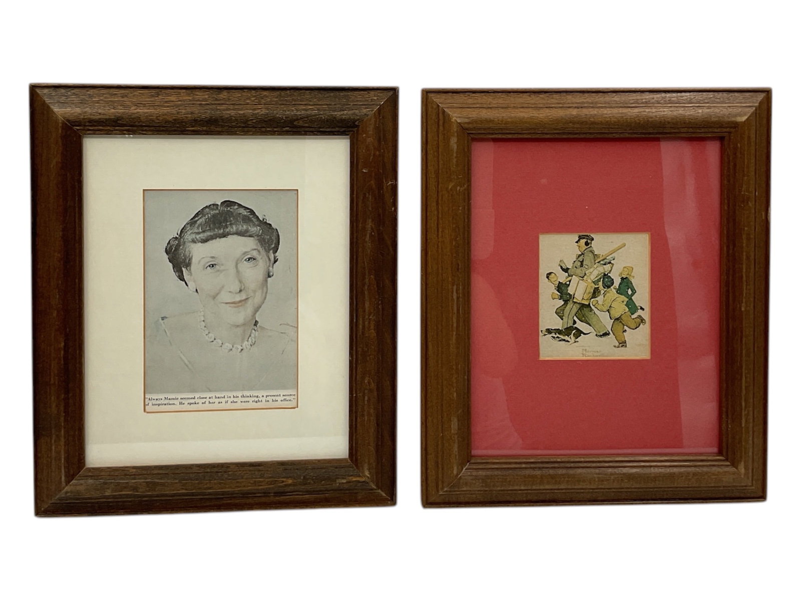 Set of Two Illustrations by Norman Rockwell (USA, 1894-1978) Framed Prints: This lot includes two framed prints by Norman Rockwell, featuring "Mamie Eisenhower" and a narrative scene of a postman being followed by children. The portrait of Mamie Eisenhower includes 