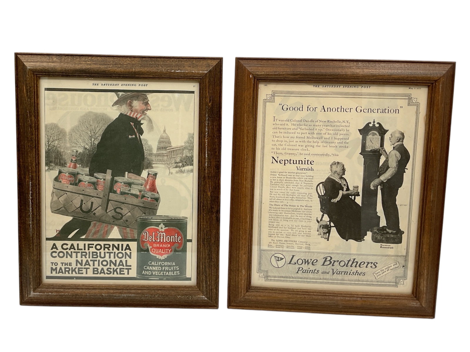 Two Framed The Saturday Evening Post Advertisements by Norman Rockwell (USA, 1894-1978) Print on: This pair of framed vintage advertisements features illustrations by the iconic American artist Norman Rockwell, originally published in The Saturday Evening Post. The set includes a color Del Monte a
