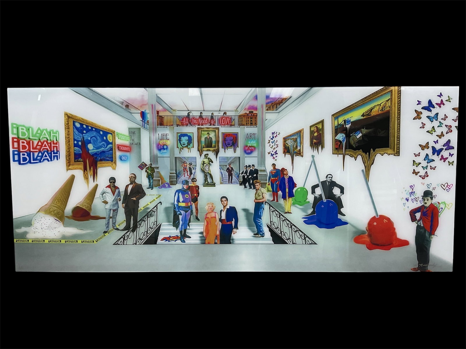 ??Melting Museum?? by Marc Rudinsky, Contemporary Panoramic Print: This expansive, vibrant work is a hallmark of contemporary Pop Surrealism, featuring a complex museum interior populated by iconic figures from film, music, and art history. The composition seamlessly