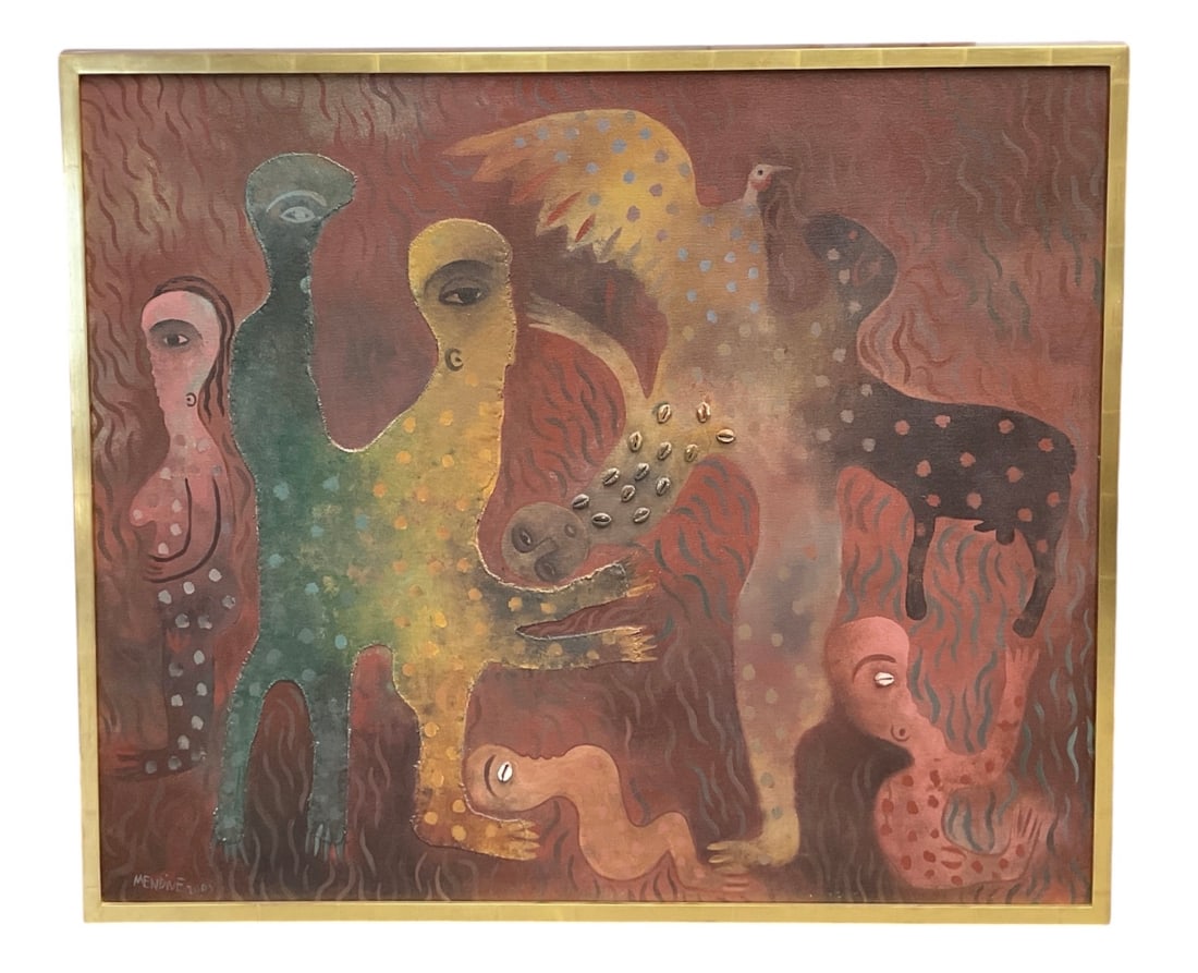 "Paisaje Caprichoso" by Manuel Mendive (Cuba, B.1944) Acrylic and Cowrie Shells on Canvas: This exceptional 2005 work, titled "Paisaje Caprichoso" (Capricious Landscape), is a hallmark of Manuel Mendive’s mature style. As a leading figure in contemporary Afro-Cuban art, Mend