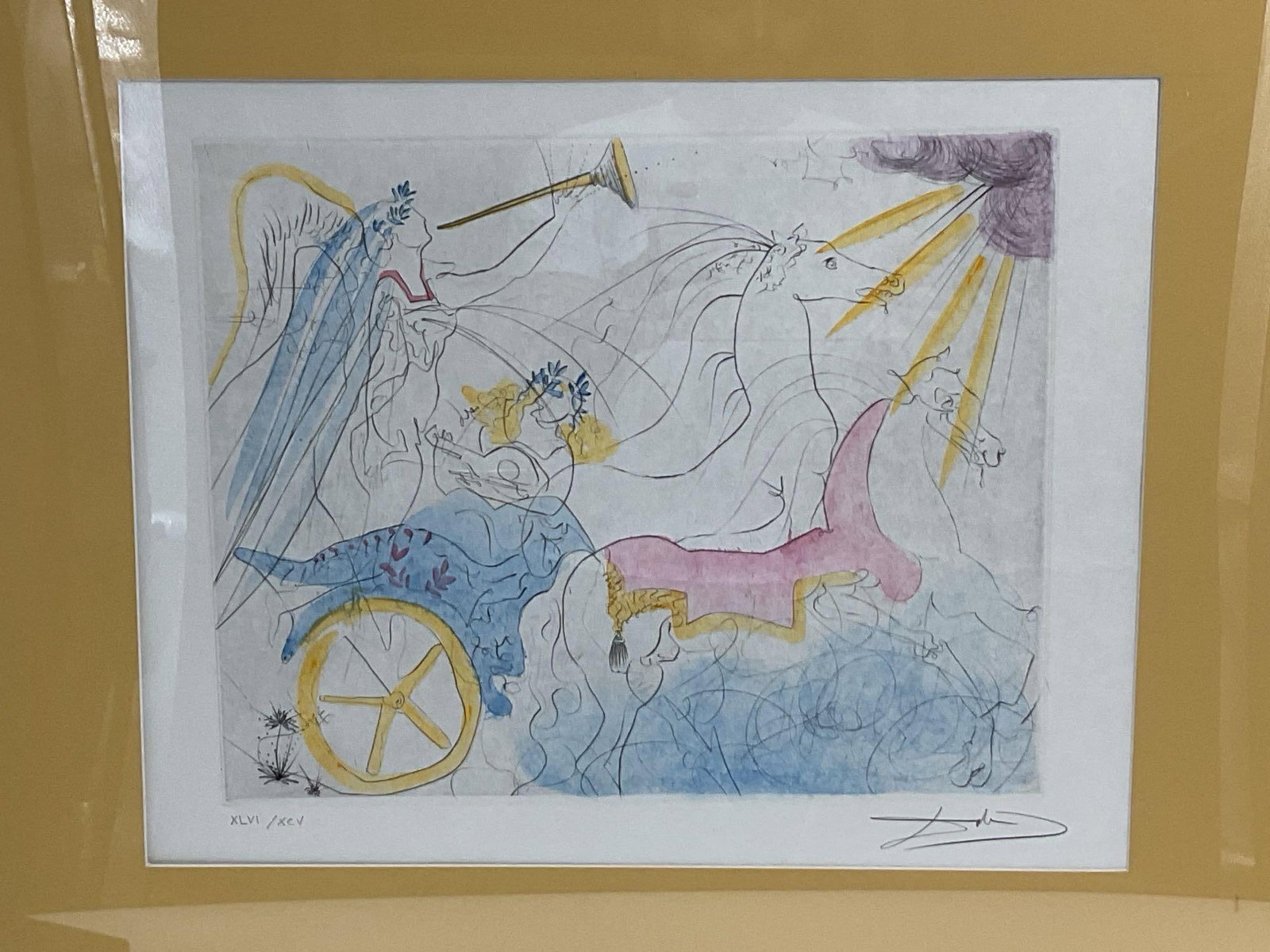 Euterpe (Goddess of Music) by Salvador Dalí (Spain, 1904-1989) w/ Papers: Delicate and surreal lithograph titled "Euterpe", part of The Nine Muses series by Salvador Dalí. Created in 1971, this work honors the muse of music with a fantastical chariot s