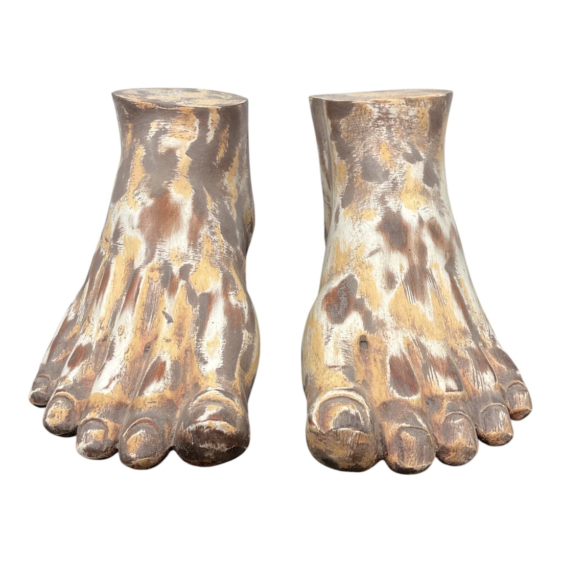 Pair of Antique Italian Carved Wooden Foot Sculptures: A rare and impressive pair of oversized anatomical foot sculptures expertly hand-carved from solid wood. These antique Italian pieces feature a sophisticated distressed polychrome finish, with layers 