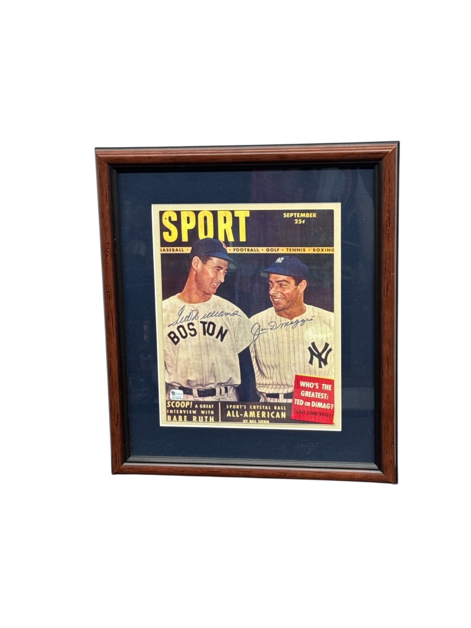 RARE Sport Magazine Cover Signed by Ted Williams (Boston Red Sox) & Joe DiMaggio (New York Yankees).: This framed Sport magazine cover features iconic baseball legends ed Williams (Boston Red Sox) and Joe DiMaggio (New York Yankees). pictured together, capturing two of the most important figures in sp