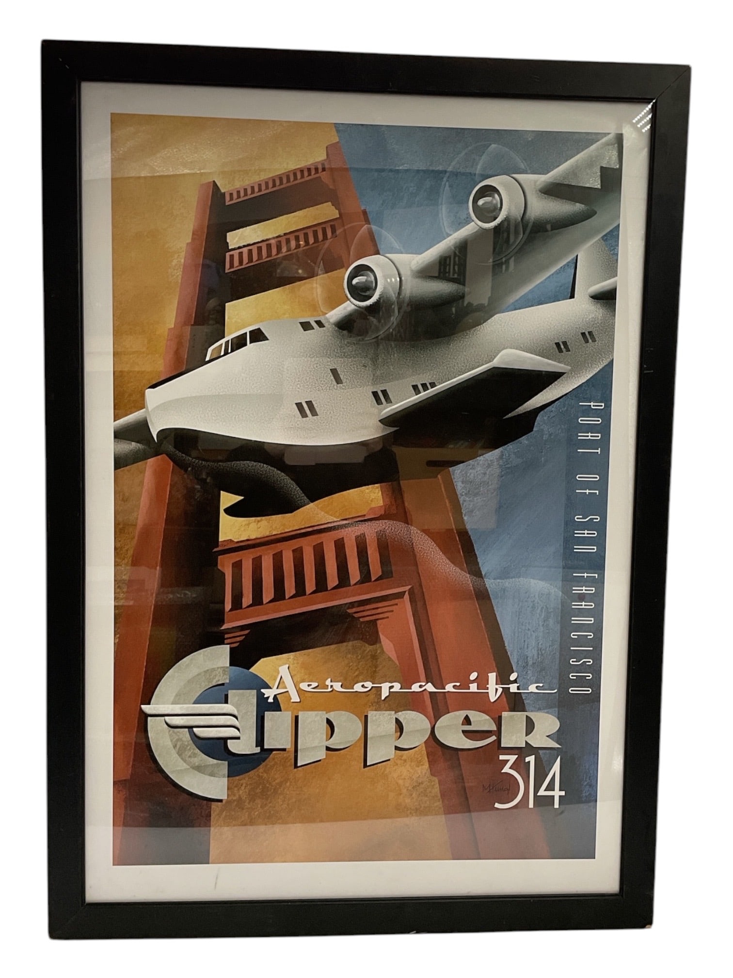 “Pan American Clipper 314?? Aviation Poster: A framed aviation-themed poster featuring a stylized depiction of the Pan American Clipper 314 flying boat aircraft rendered in an Art Deco inspired design. The composition incorporates bold