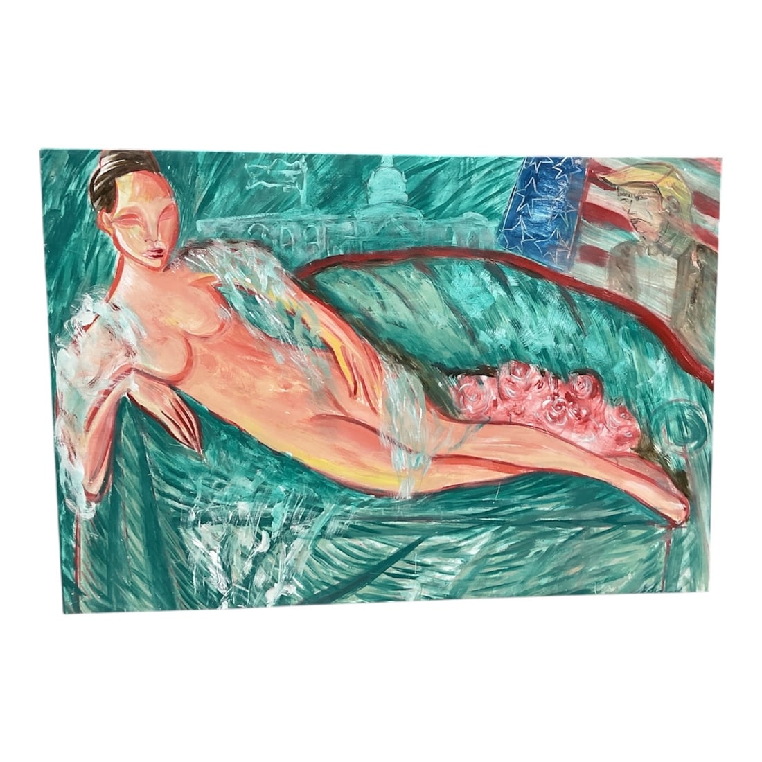 The Gilded Recline (Allegory of Power and Excess) by Jesús Desangles (Dominican, b. 1961): itle: The Gilded Recline (Allegory of Power and Excess)Artist: Jesús Desangles (Dominican, b. 1961) Medium: Oil on Canvas Dimensions: 46 x 67 inches DescriptionIn this monumental canvas,