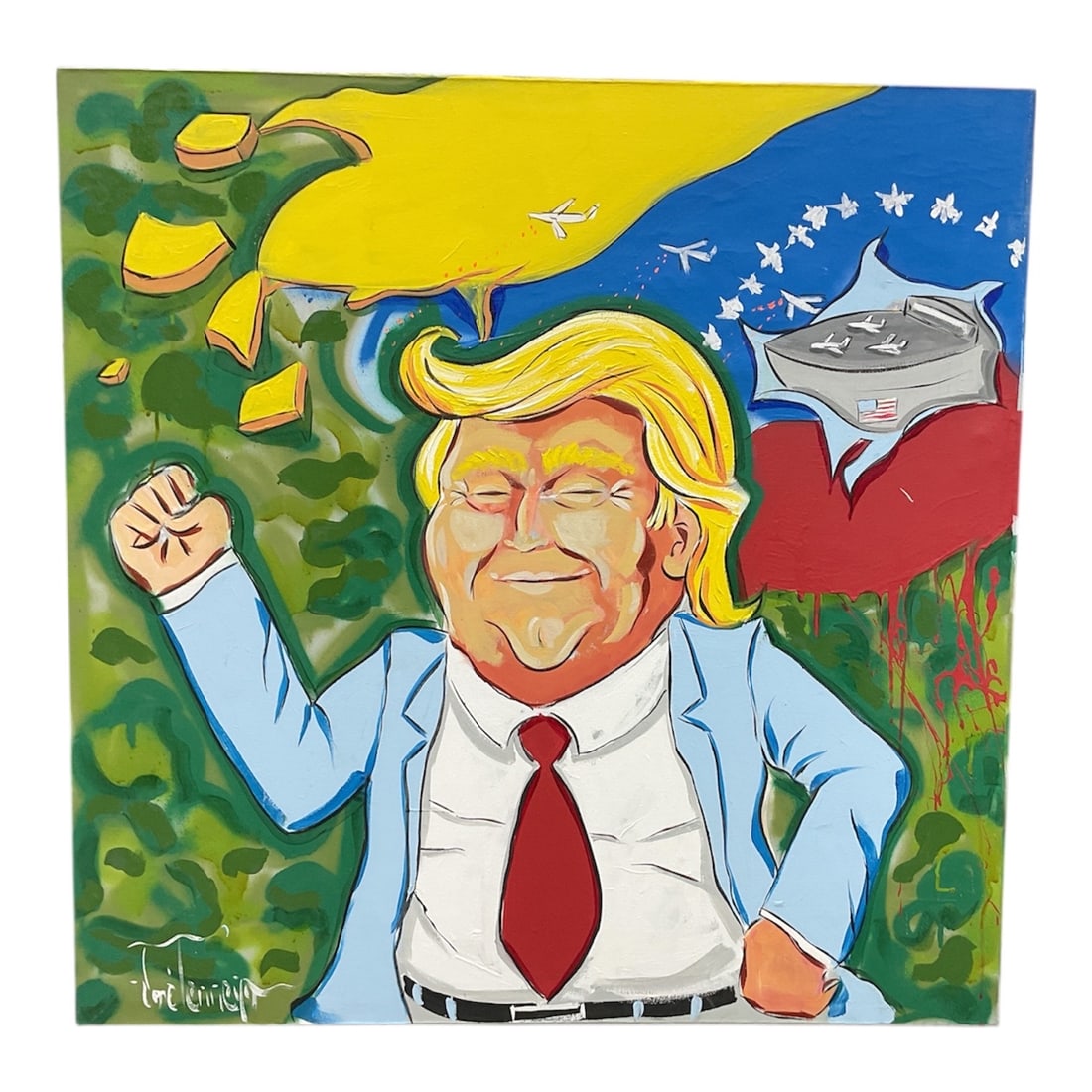 Manifest Destiny: The Gilded Dream by Jose Terrero ( Dominican Republic) Oil on Canvas: Artist: Jose TerreroMedium: Acrylic and mixed media on canvas Dimensions: 40 x 40 inches Year: Circa 2024–2026 DescriptionIn this commanding 40x40 inch canvas, contemporary artist Jose Terrero