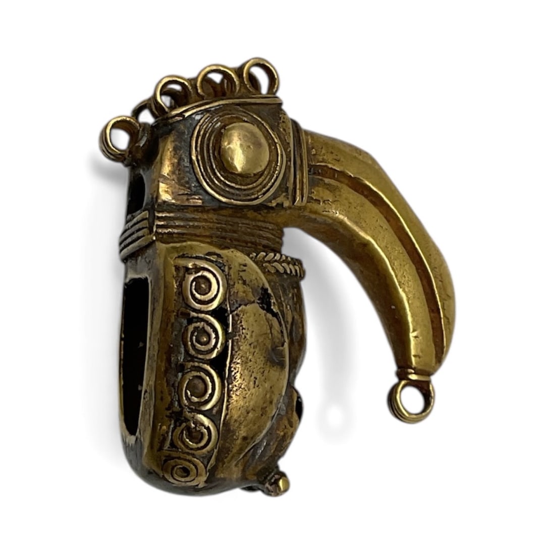 Pre-Columbian Mixtec or Tairona Gold Tone Eagle or Saurian Head Lip Plug: Description: This artifact is a stylized representation of a bird, likely an eagle or a condor, which were importa