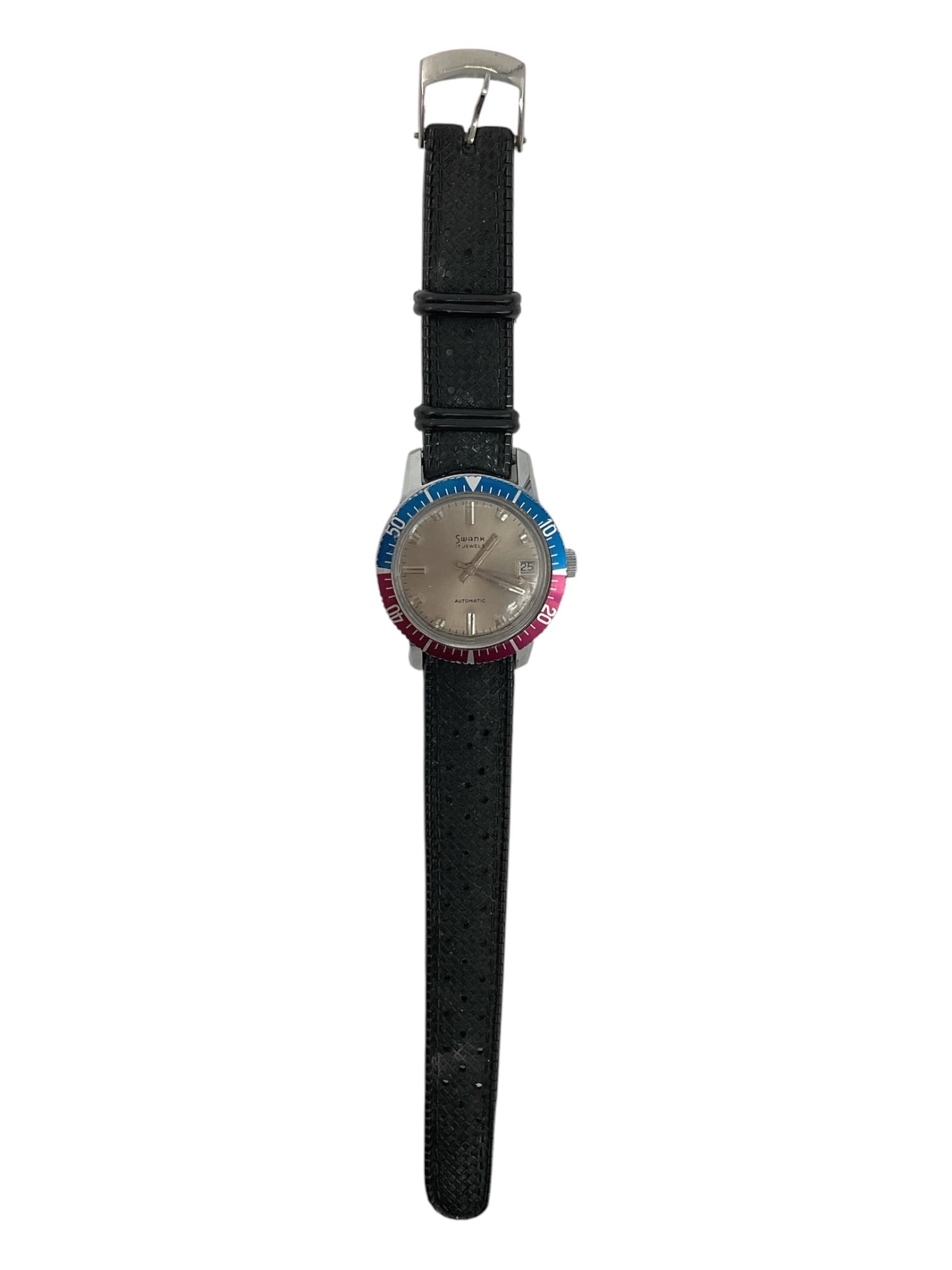 Vintage Swank 17-Jewel Automatic "Pepsi" Bezel Diver Watch: This vintage "skin diver" timepiece by Swank dates to the 1960s or 1970s and features a striking bi-color "Pepsi" rotating bezel in vibrant blue and magenta-red. The silver sunburs