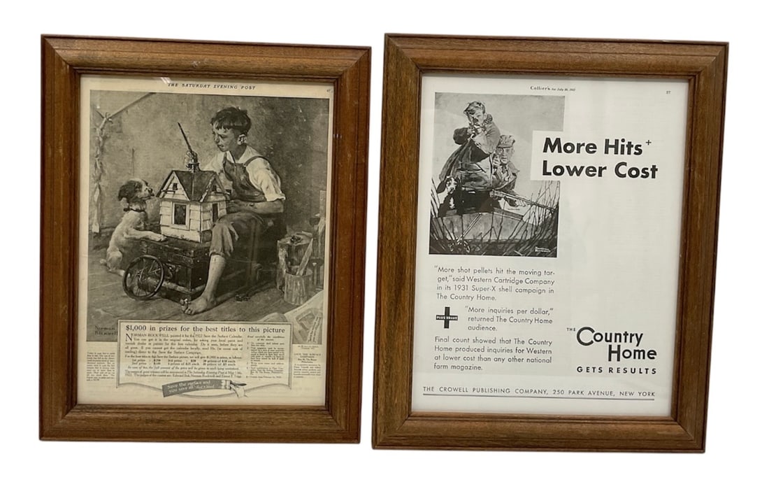 Two Framed Vintage Advertisements by Norman Rockwell (USA, 1894-1978) Print on Paper: This pair of framed vintage advertisements features illustrations by Norman Rockwell. The first is a 1922 advertisement from The Saturday Evening Post for the "Save the Surface Campaign," de