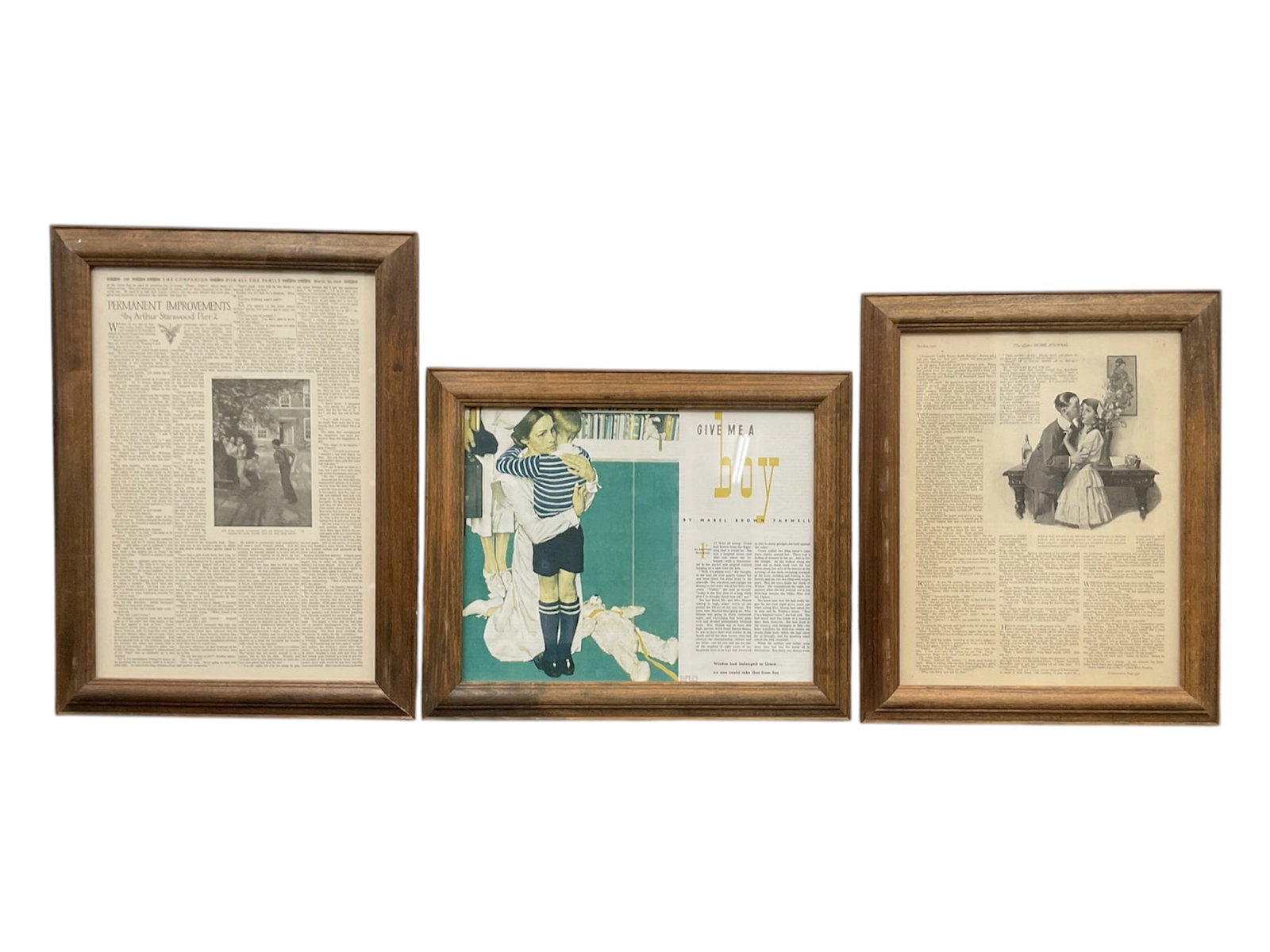 Three Framed Vintage Magazine Pages and Illustrations (USA, Early 20th Century) Print on Paper: This set of three framed items features vintage periodical pages and story illustrations. The collection includes a page from "The Youth’s Companion" titled Permanent Improvements by A