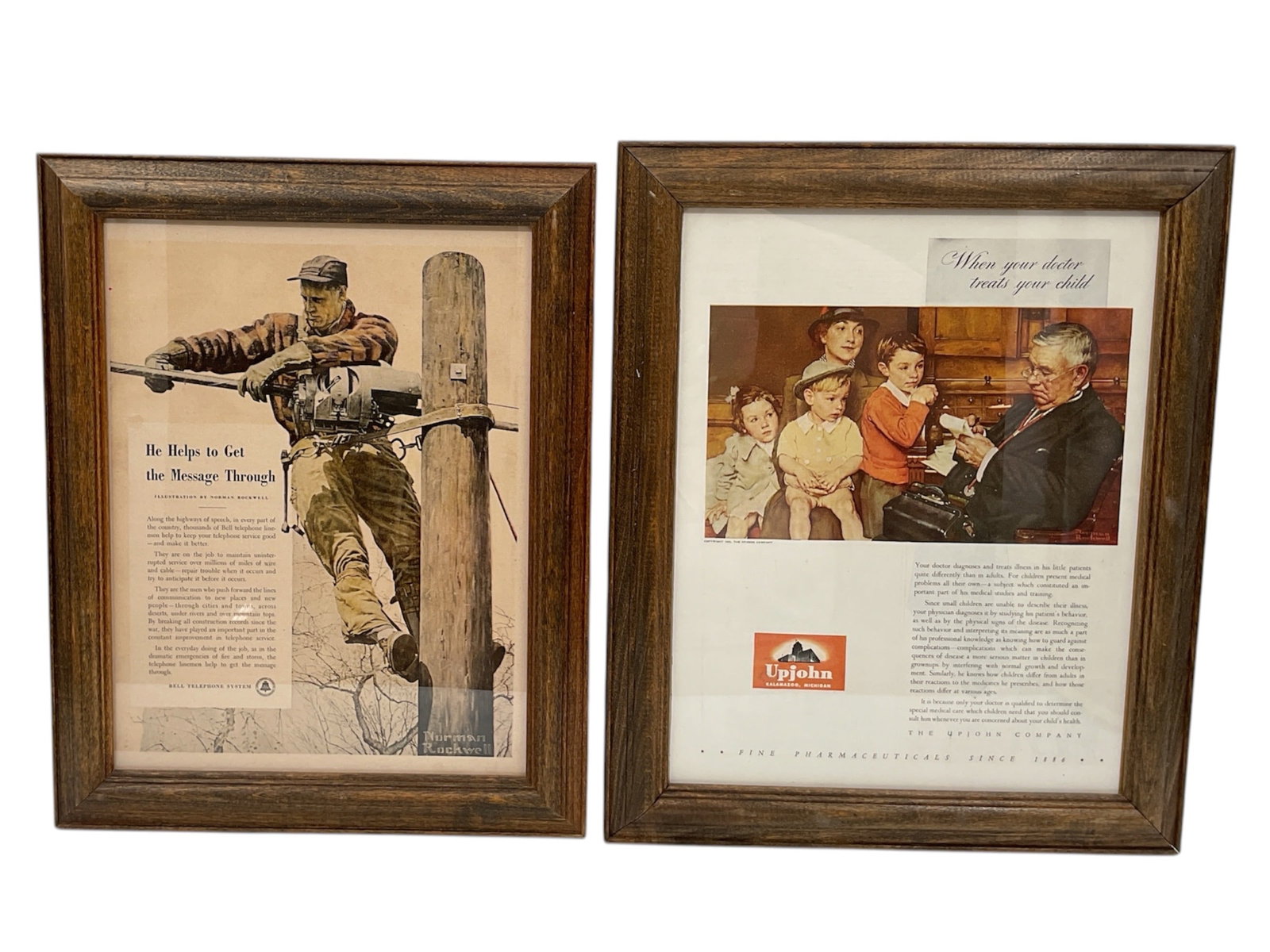 Two Framed Vintage Advertisements by Norman Rockwell (USA, 1894-1978) Print on Paper: This pair of framed vintage advertisements features illustrations by Norman Rockwell. The first is a 1940s advertisement for the Bell Telephone System titled "He Helps to Get the Message Through,