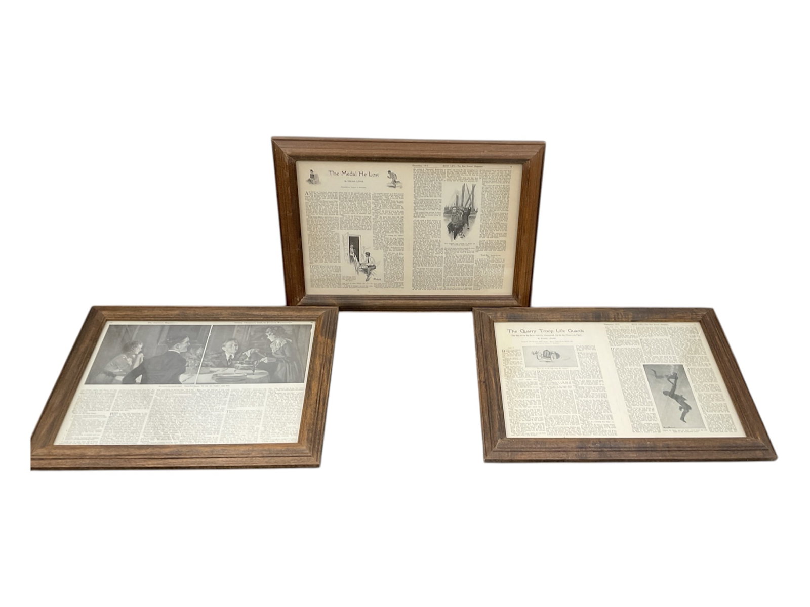 Three Framed Vintage Magazine Pages (USA, 1913-1915) from the Norman Rockwell Museum of the South: This set of three framed magazine pages features stories and illustrations from early 20th-century American periodicals. The collection includes: "The Medal H