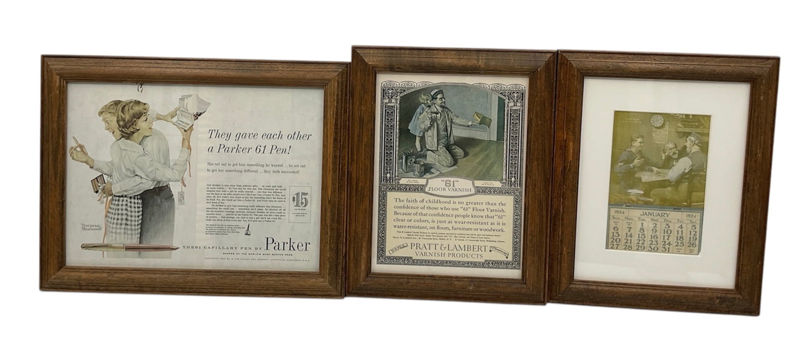 Three Framed Vintage Advertisements and Calendar Pages by Norman Rockwell (USA, 1894-1978) Print on: This collection features three framed items with illustrations by Norman Rockwell, originating from the former Norman Rockwell Museum of the South. The set includes a color Parker 61 Pen advertisement