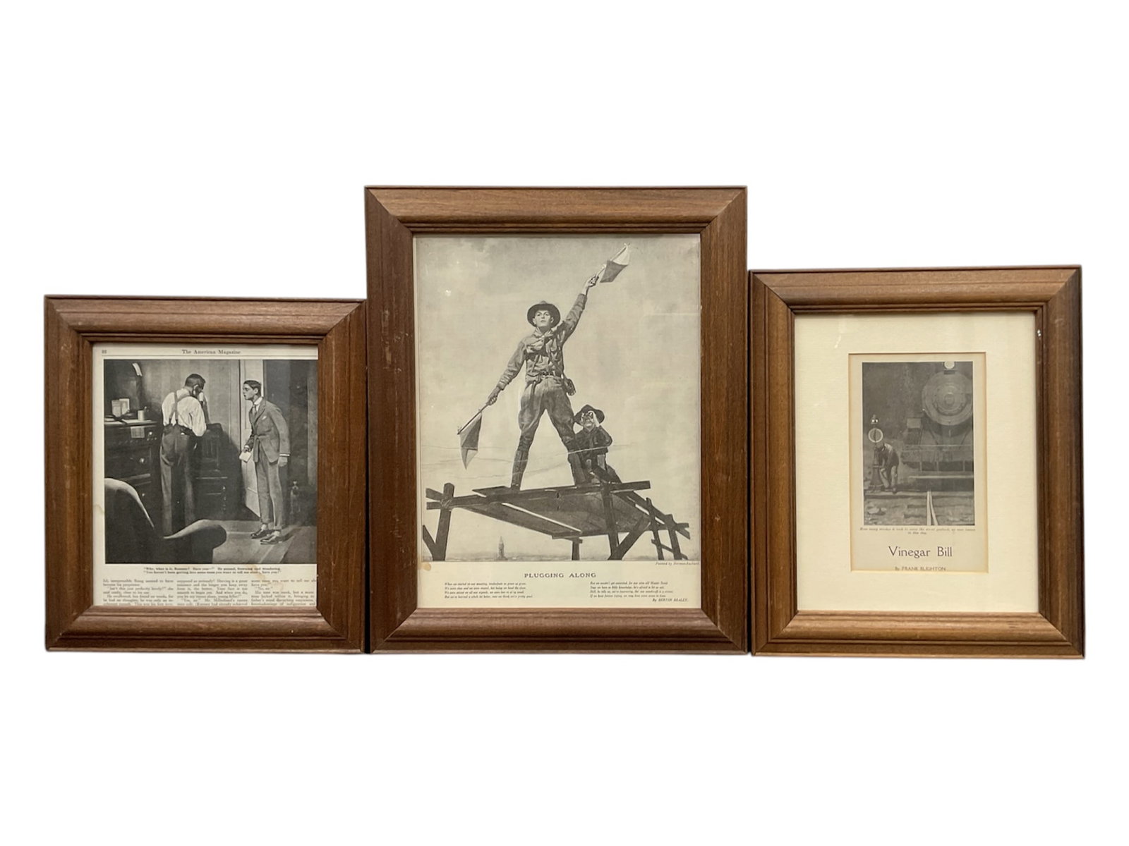 Three Framed Vintage Illustrations (USA, Early 20th Century) from the Norman Rockwell Museum of the: This collection features three framed periodical illustrations, including a prominent central work by Norman Rockwell. The set includes a full-page illustration titled "Plugging Along" by