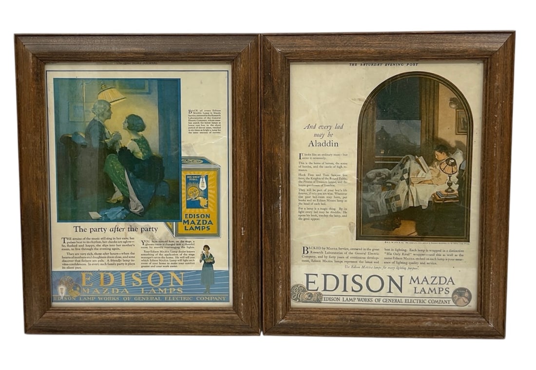 Framed Vintage Advertisements by Norman Rockwell (USA, 1894-1978) Print on Paper: This lot features two framed vintage Edison Mazda Lamp advertisements illustrated by Norman Rockwell. The first, titled "The party after the party," depicts a tender scene between a mother