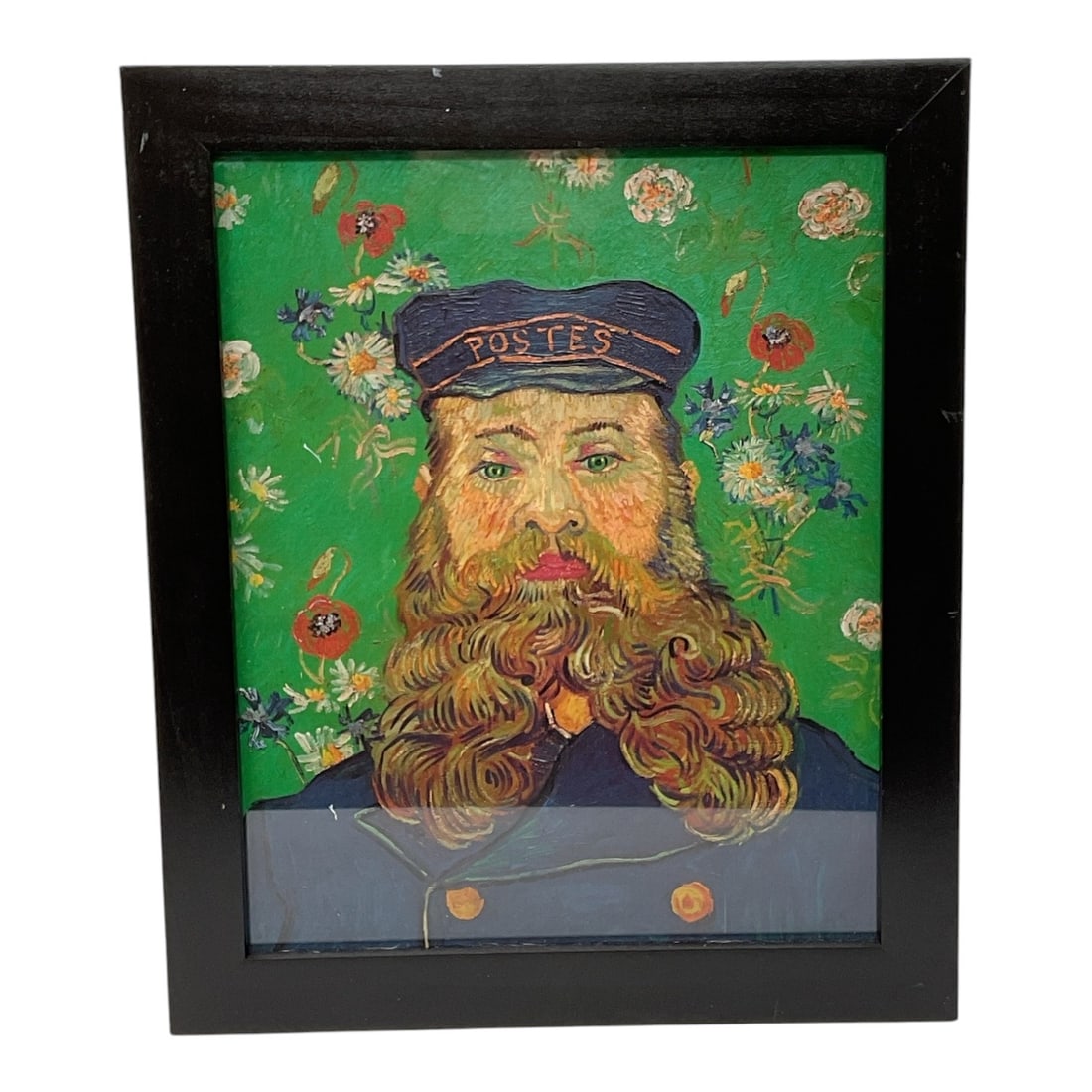 "Portrait of Joseph Roulin" after Vincent van Gogh (Netherlands, 1853-1890) Print: Specs Dimensions: 23 x 19 in. Format: Reproduction print on paper. Framing: Housed in a dark wooden frame under glass. Subject: A replica of Van Gogh’s famous 1889 portrait of the Arles