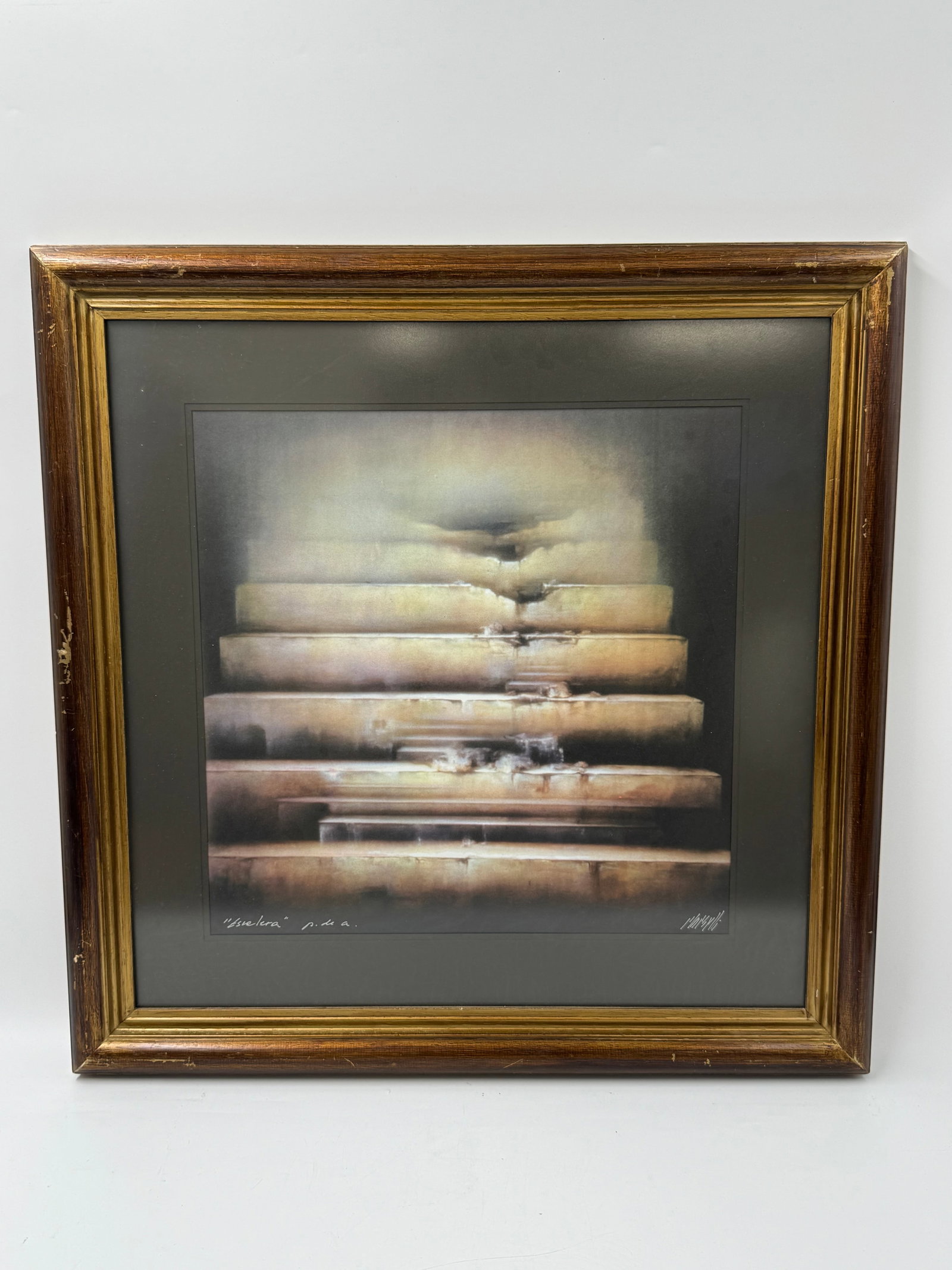 "Escalera" by Margarita Morselli (Paraguay, b.1952) Lithograph: Description: Margarita Morselli "Escalera," framed print. The work depicts an abstract staircase. Signed lower right. Medium: Lithograph Dimensions: H:24in W:24in