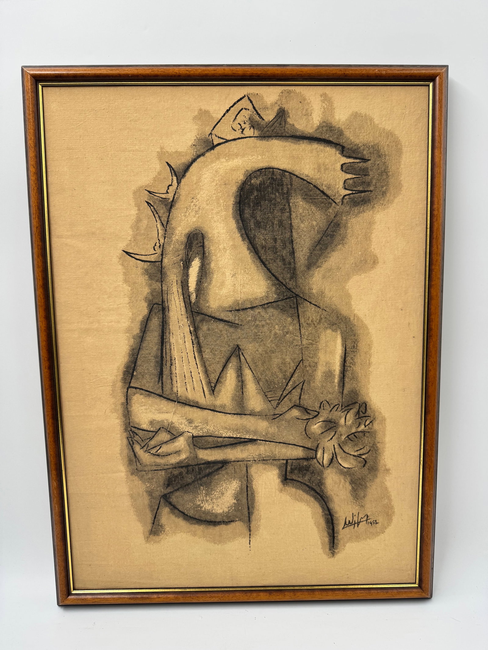 Tribute to Wifredo Lam by Jose Yanez: Serigraph by Cuban visual artist José Eduardo Yáñez depicting a stylized abstract figure with fluid geometric lines and organic shapes. The composition blends cubist and