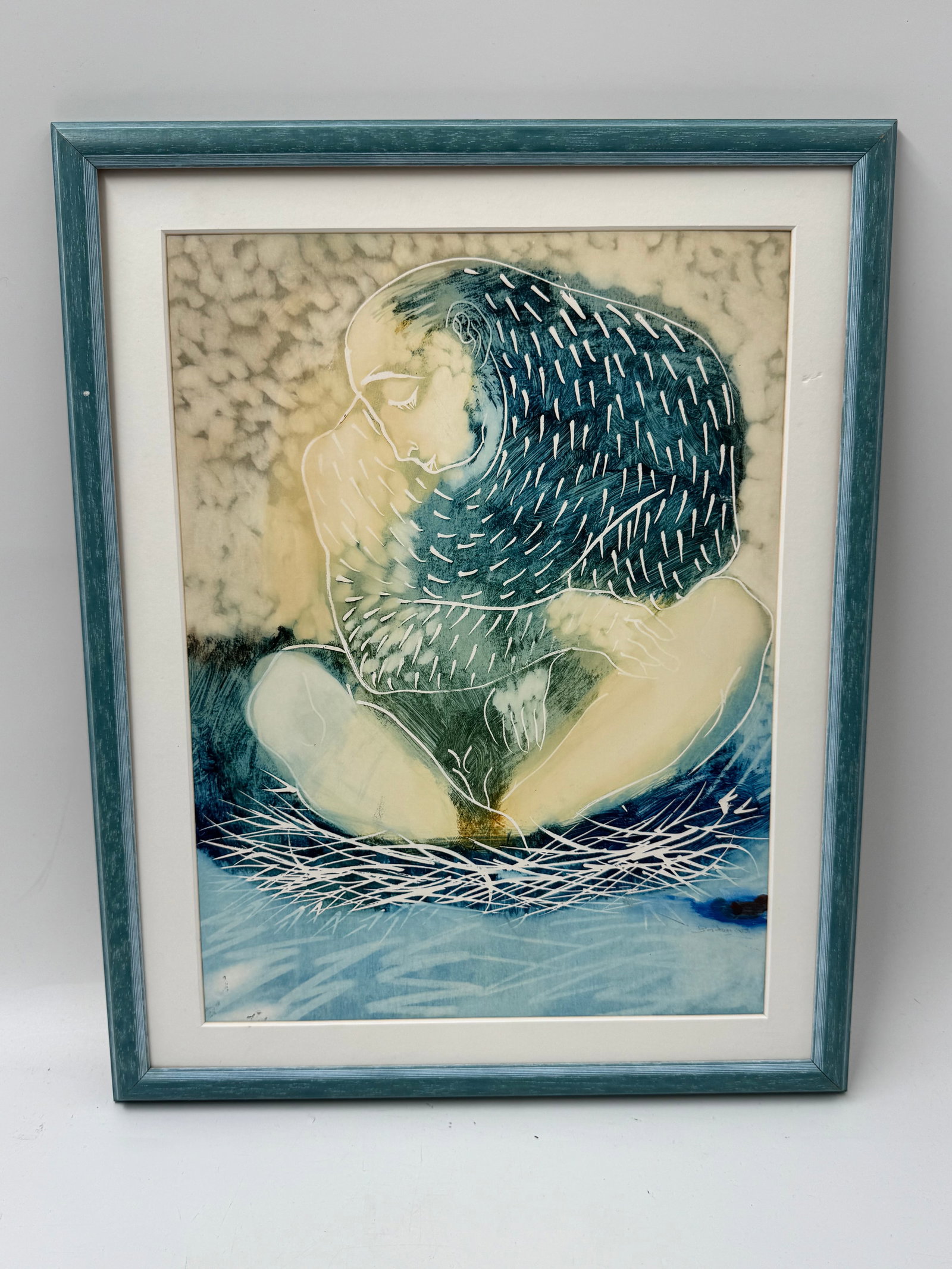 Edel Bordon (Cuba, b.1953) Mixed Media: Description: Abstract painting by Edel Bordon, featuring blue and white hues. Framed. Medium: Mixed media Dimensions: H:19in W:15in 