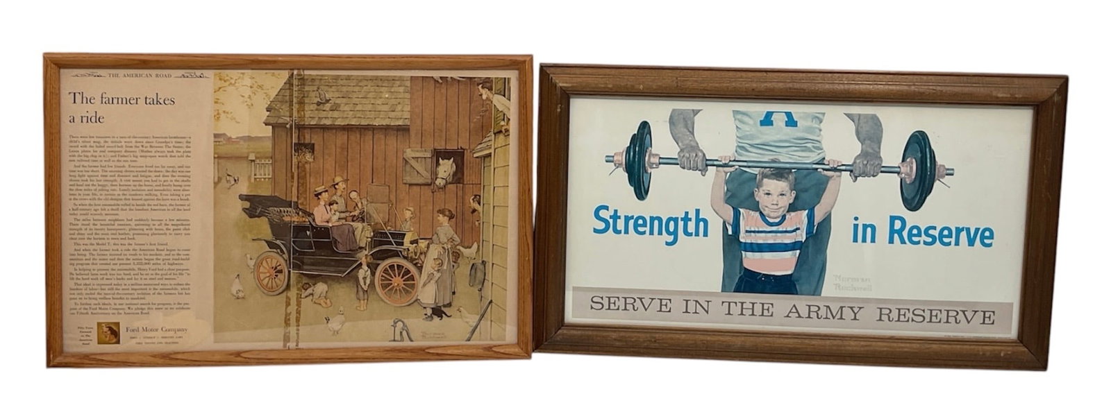 "The Farmer Takes a Ride" and "Strength in Reserve" by Norman Rockwell (United States, 1894-1978): The two framed lithograph prints featured in the image v2.jpeg are original works from the Norman Rockwell Museum of the South collection. The first print, "The Farmer Takes a Ride," was ori