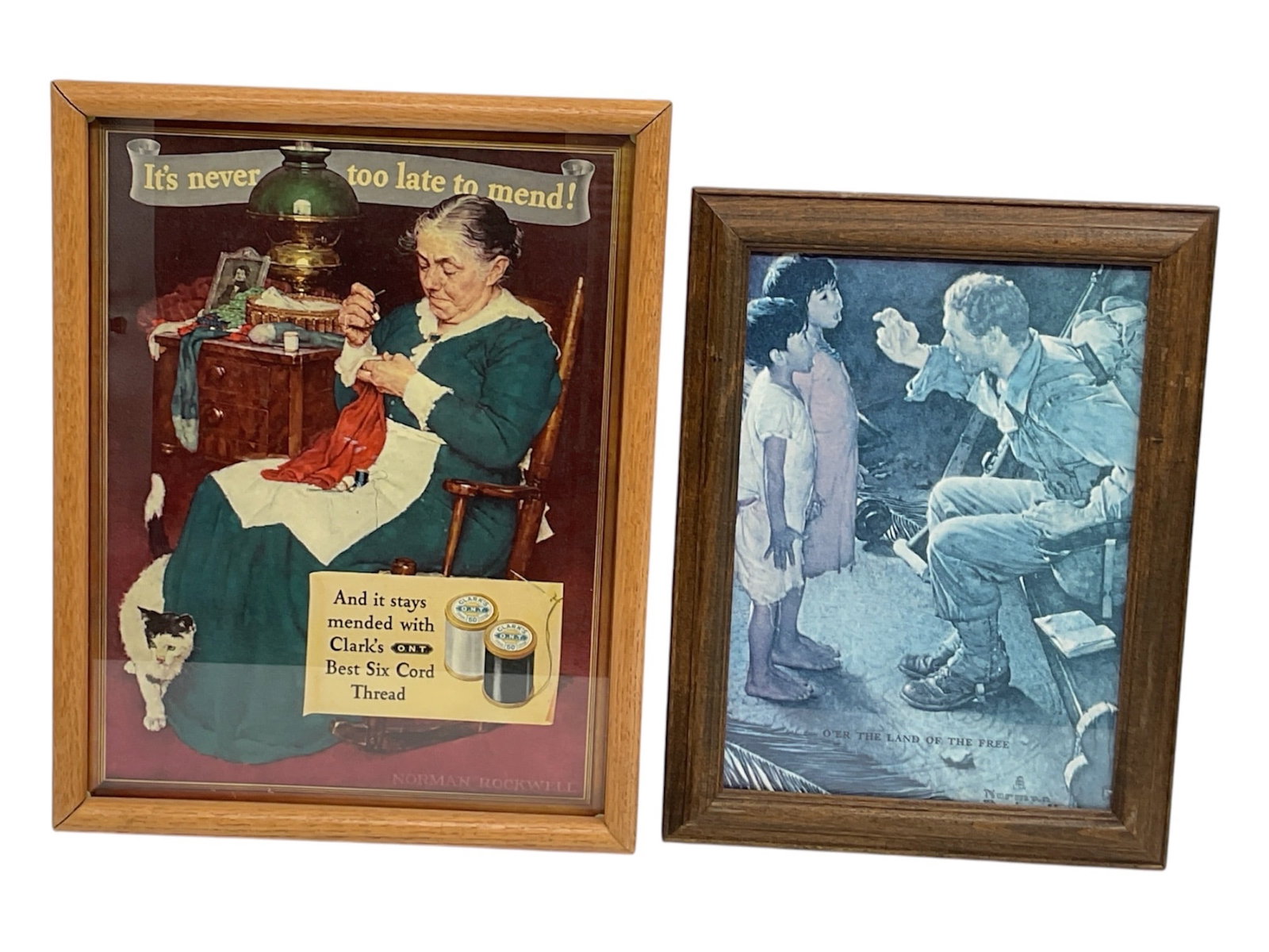 "It's Never Too Late to Mend" and "O'er the Land of the Free" by Norman Rockwell (United States,: The two framed lithograph prints shown in v1.jpg are part of the Norman Rockwell Museum of the South collection. The larger print, "It's Never Too Late to Mend," was originally created a