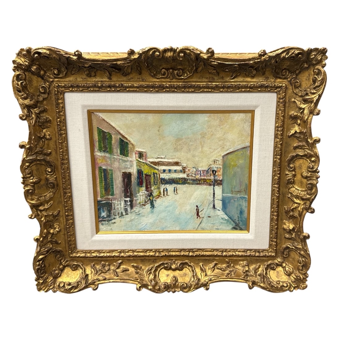 Maurice Utrillo: A Serene Winter’s Day: This evocative oil on board captures a quiet, snow-covered street scene, emblematic of the atmospheric urban landscapes that defined Maurice Utrillo’s cele