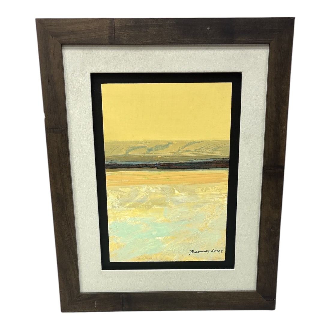"Untitled" by Felix Bermúdez Lárez (Venezuela, B.1967) Acrylic on MDF: This abstract horizontal composition by Venezuelan artist Felix Bermúdez Lárez features an atmospheric landscape dominated by broad, expressive brushwork. The palette utilizes soft, eart