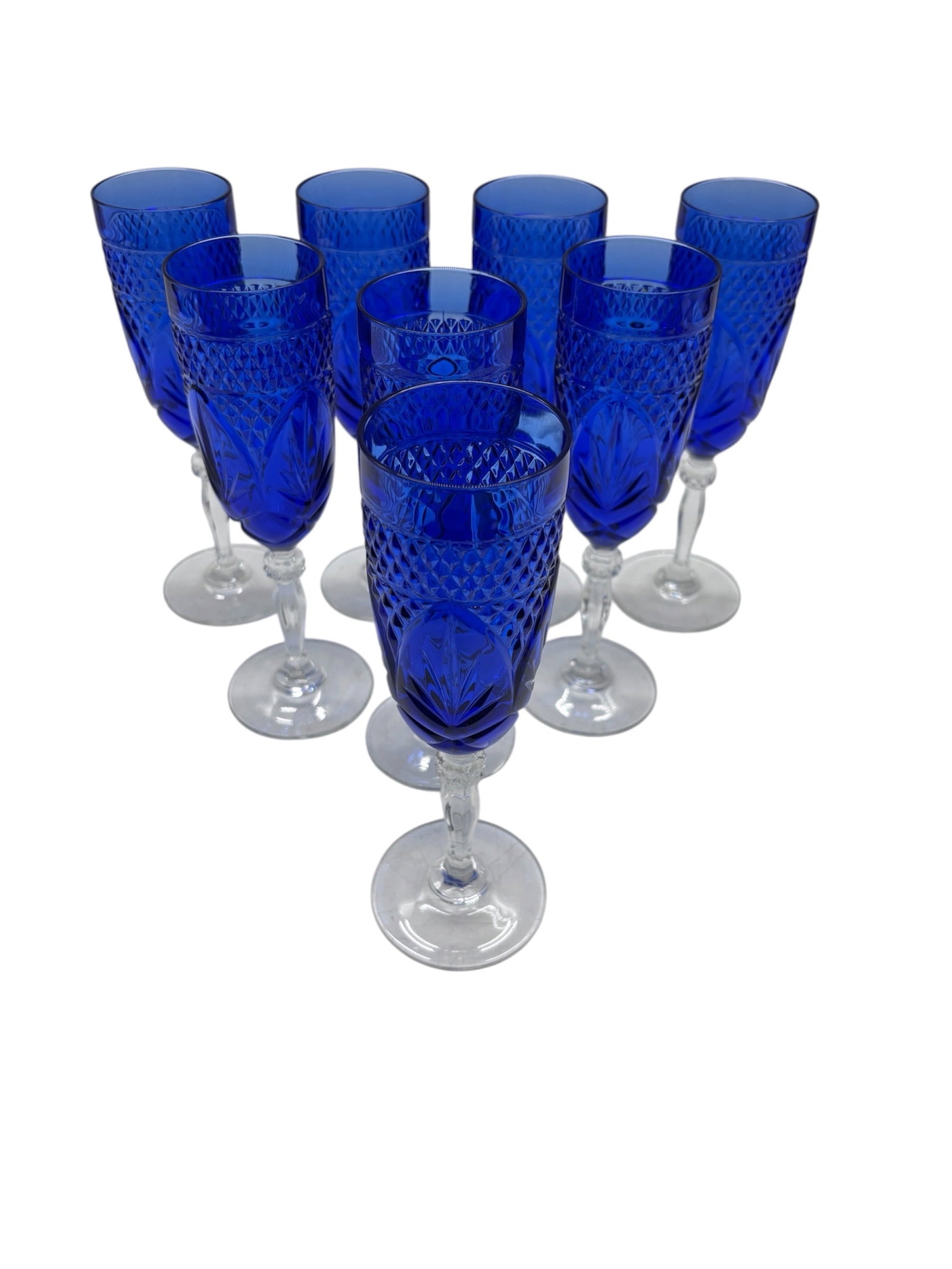 A beautiful set of eight (8) blue crystal champagne flutes, showcasing elegant craftsmanship and (1 of 3)