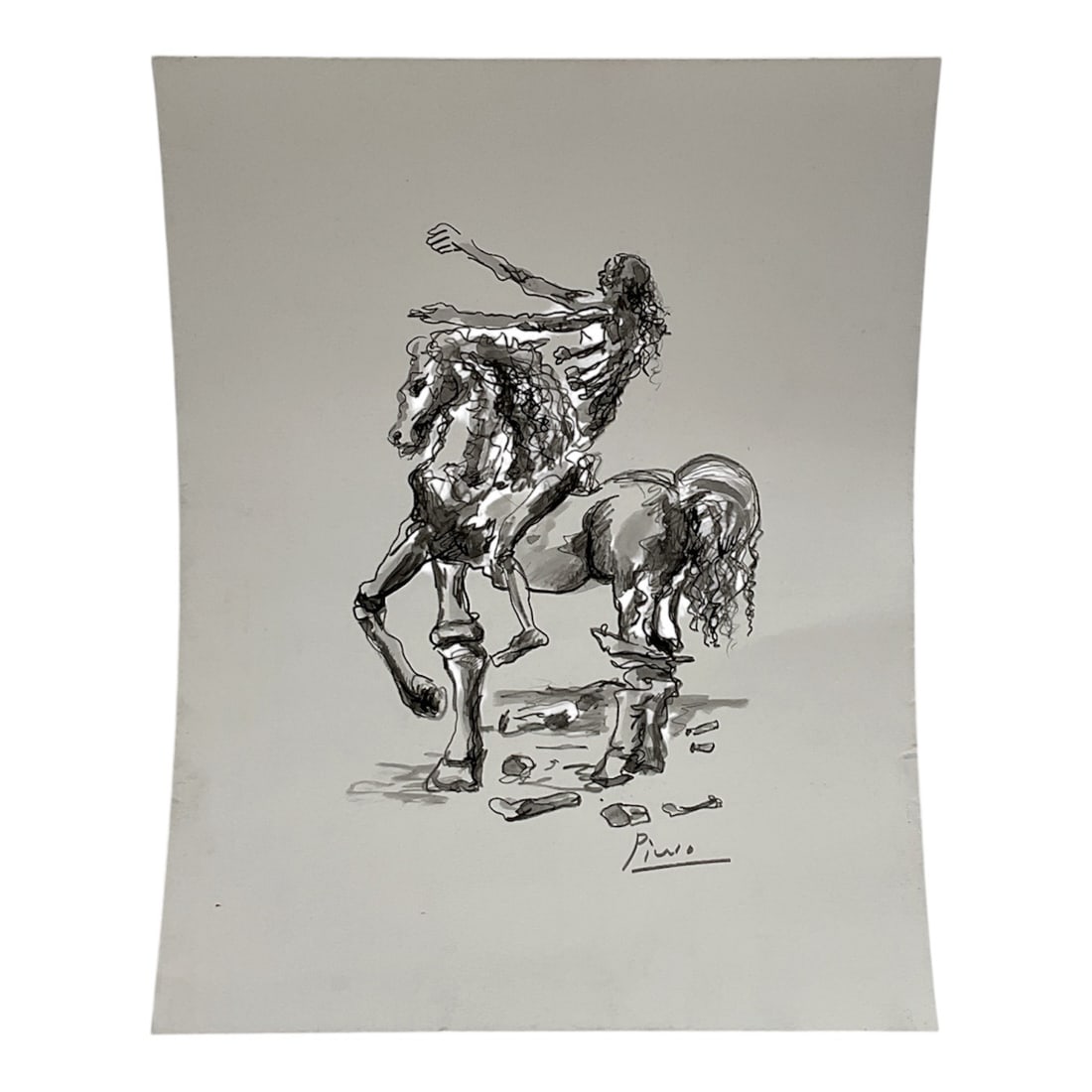 Surrealist Style Figural Etching of Rider on Horse: Expressive monochrome etching depicting a surrealist interpretation of a rider on horseback, rendered with loose, gestural lines and fragmented anatomical forms. The composition blends human and