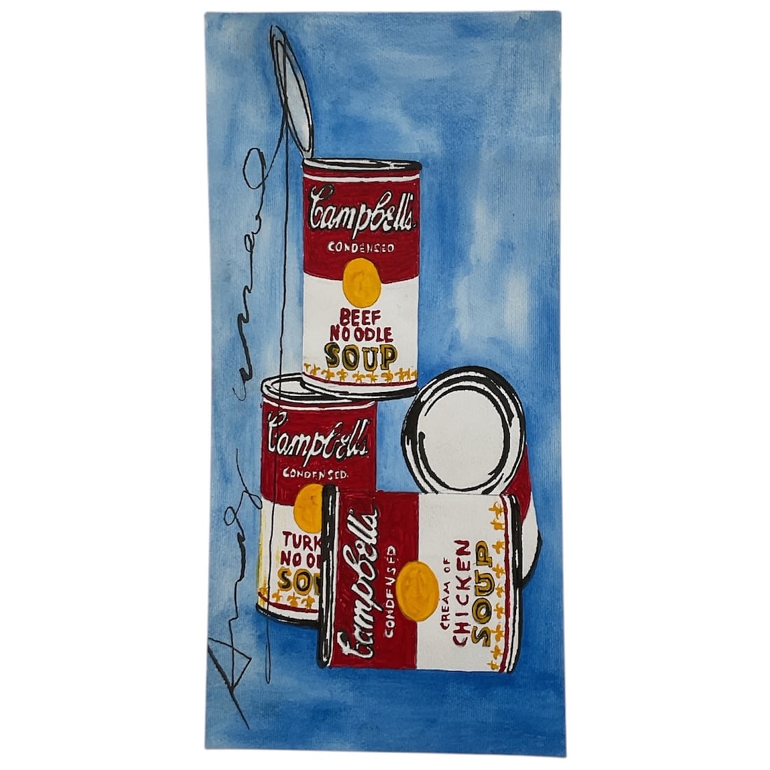 Stacked Soup Cans After Andy Warhol (American, 1928-1987): This mixed media work on paper features a vertical composition of three stacked Campbell's soup cans against a mottled blue background. The cans represented include Beef Noodle, Turkey Vegetable, 
