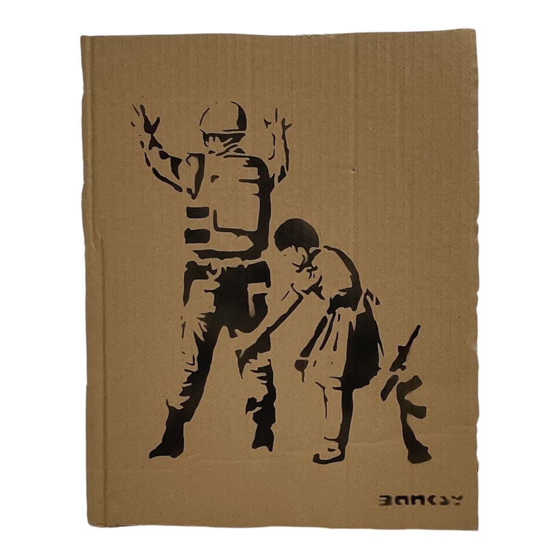 "Stop and Search" by Manner of Banksy (England, B.1974) Stencil on cardboard.: Specifications Artist: In the manner of Banksy (British, b. 1974) Medium: Black stencil on corrugated cardboard Dimensions: 16 x 13 inches Markings: Stenciled "BANKSY" signature lower