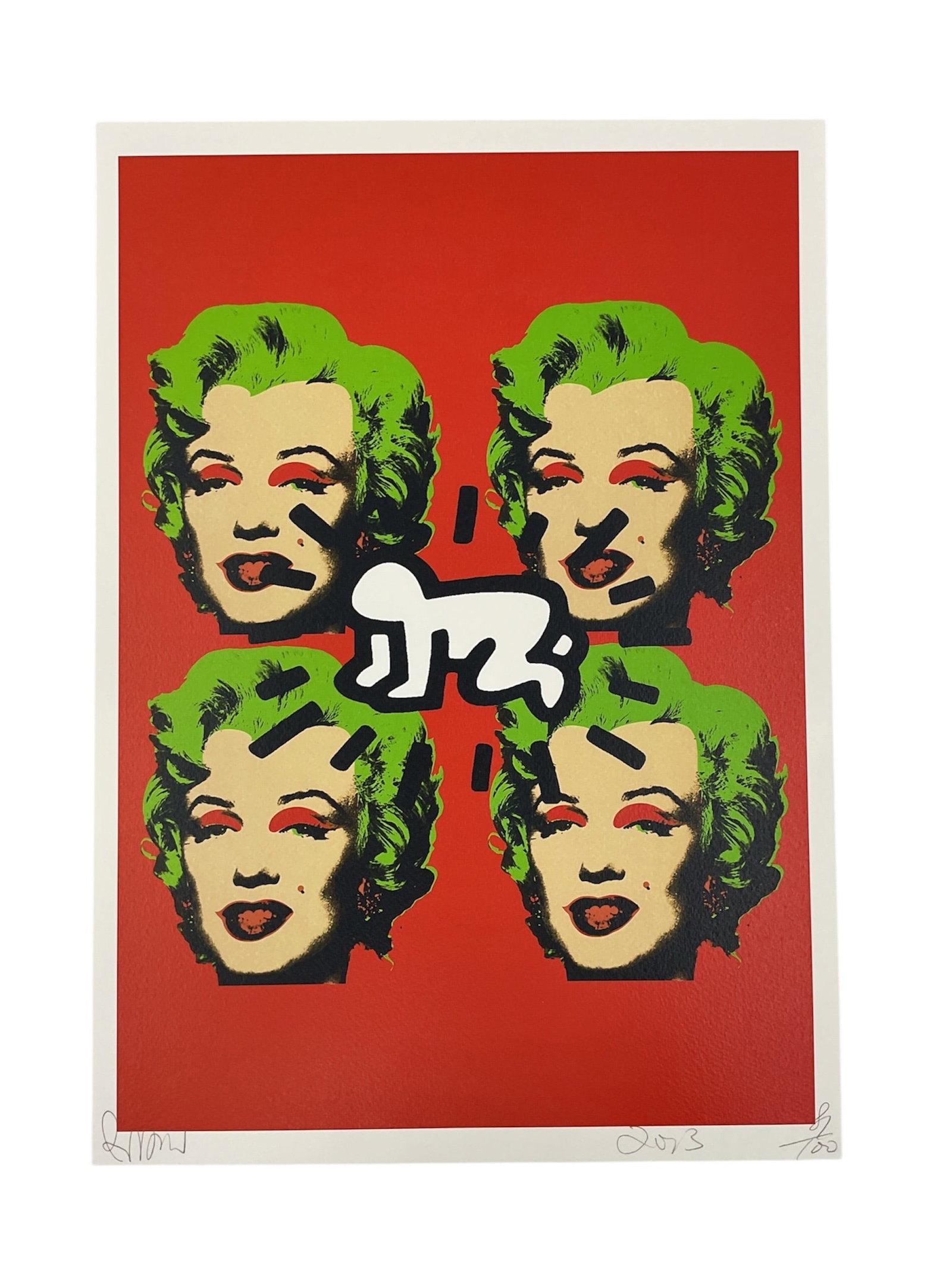 "Marilyn Monroe with Keith Haring Radiant Baby" by Death NYC (USA, B.1979) Giclee and Mixed Media on: The artwork features a quartet of Marilyn Monroe portraits in a vibrant green and red color palette, arranged in a grid formation on a solid red background. Centered among the portraits is a white &qu