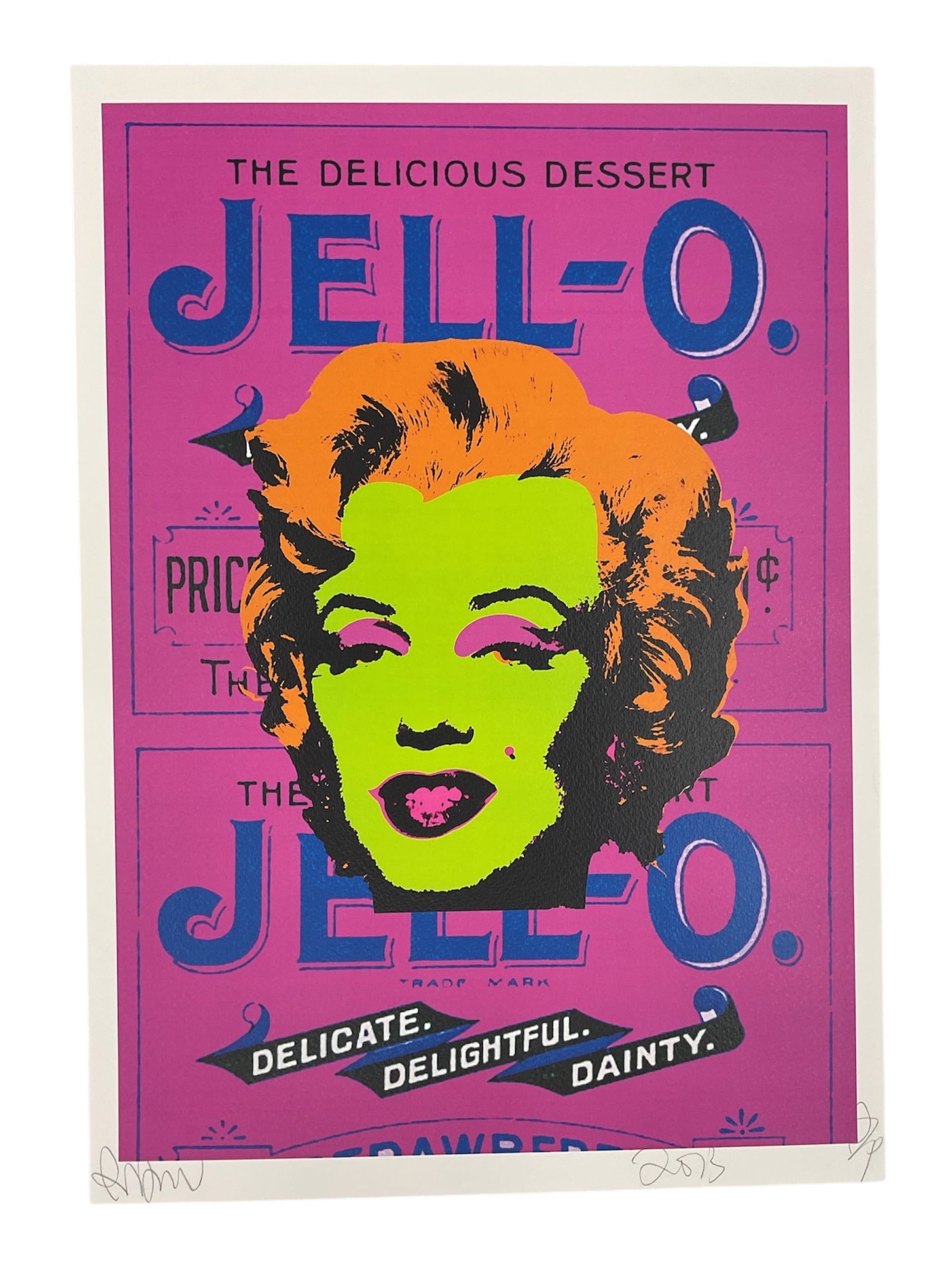 "Marilyn Monroe with Jell-O" by Death NYC (USA, B.1979) Giclee and Mixed Media on Paper: The artwork features a central portrait of Marilyn Monroe with a lime green face, orange hair, and pink accents, set against a background of vintage Jell-O advertisement packaging in shades of magenta