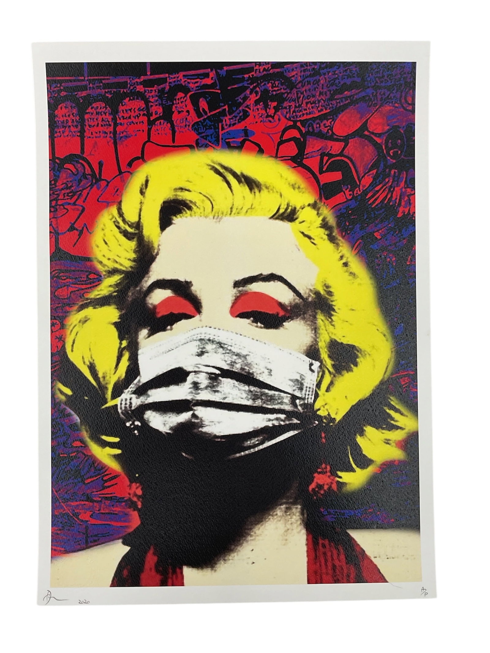 "Marilyn Monroe" by Death NYC (USA, B.1979) Giclee and Mixed Media on Paper: This limited edition print by street artist Death NYC features a stylized, colorful depiction of Marilyn Monroe wearing a medical face mask. The background is heavily textured with graffiti-style elem